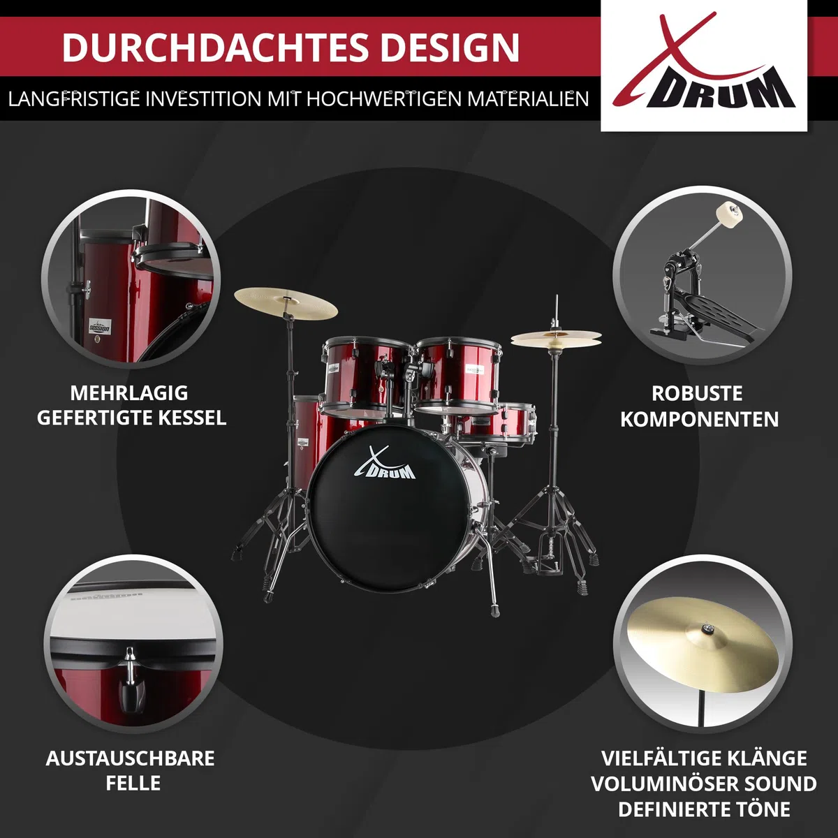 XDrum Rookie 22" Fusion Set Completo de Batería Ruby Red - Ideal para Principiantes - Hardware Estilizada en Negro - Incluye Baquetas, Manual de Montaje y Escuela de Batería - Rojo