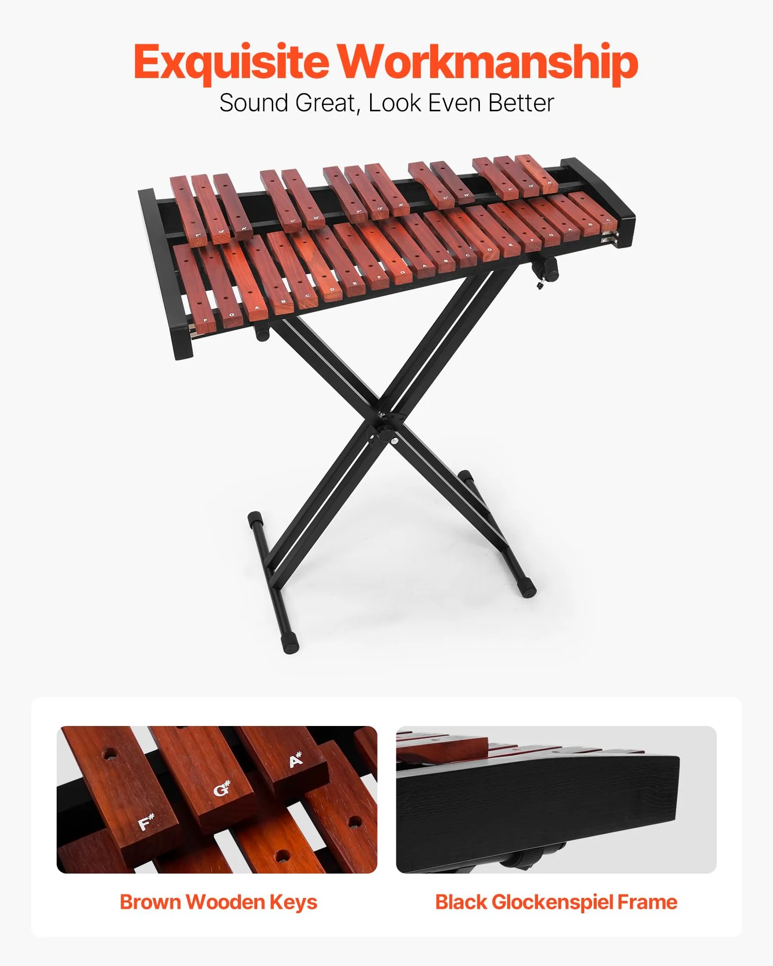 VEVOR Xilófono Glockenspiel 32 Notas, Instrumento de Percusión Profesional de Madera, con Soporte de Altura Ajustable 320–950 mm, 4 Mazos y Bolsa de Transporte, para Principiantes, Amplio Rango