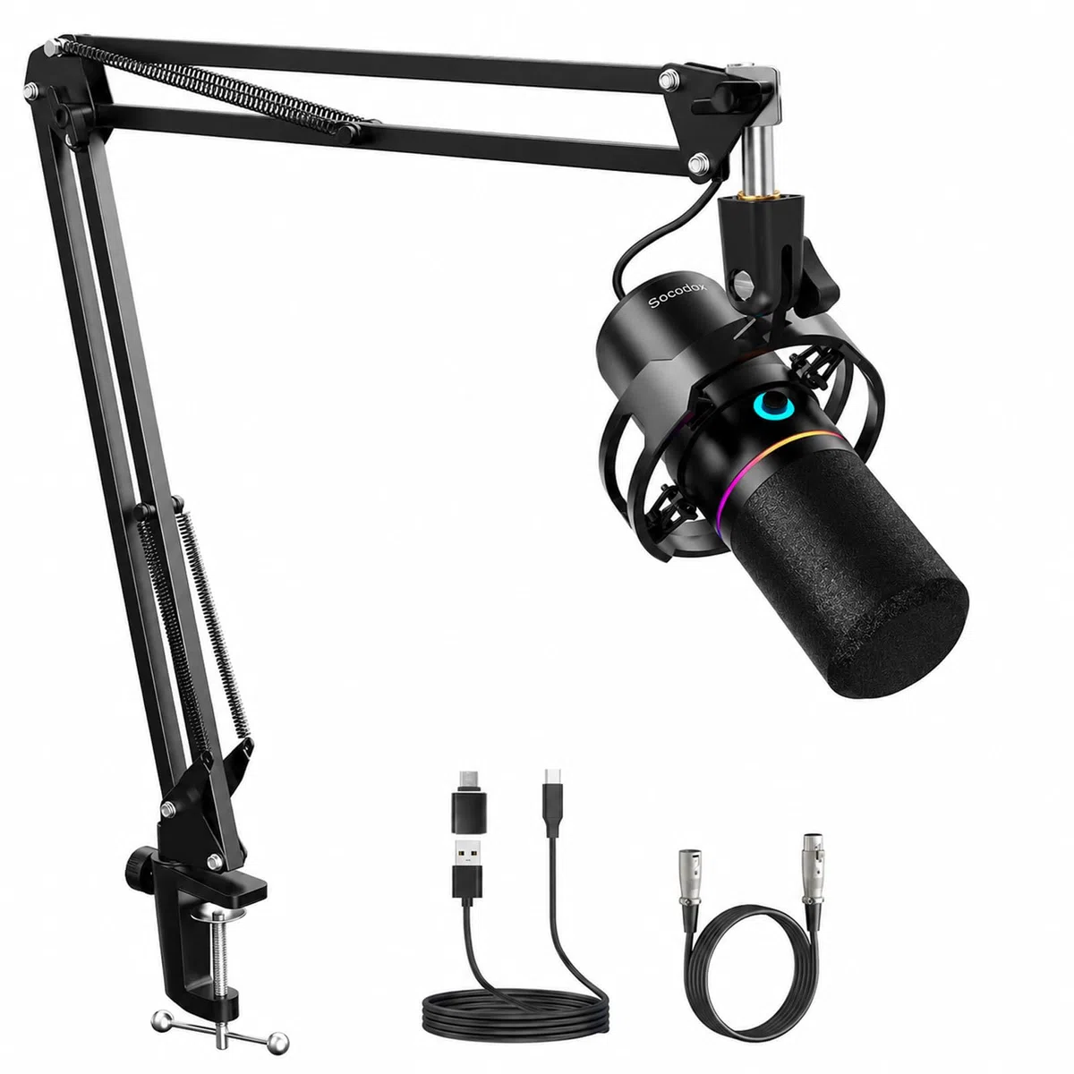 Micrófono para Juegos XLR/USB con Brazo Articulado, Micrófono Dinámico con Silenciamiento con un Solo Toque, Control de Ganancia, Micrófono RGB para Podcasts, Streaming, GrabacióN Y Voz