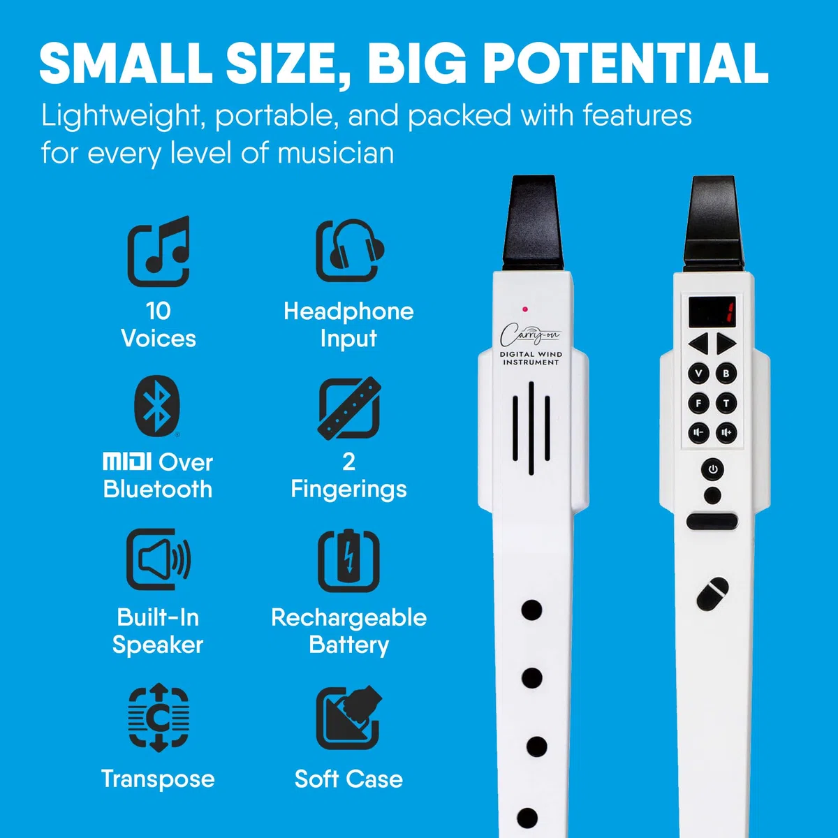 BLACKSTAR Carry-on by Digital Wind Instrument White - 10 voces, batería recargable USB incorporada, salida de auriculares para practicar en silencio, Midi sobre Bluetooth