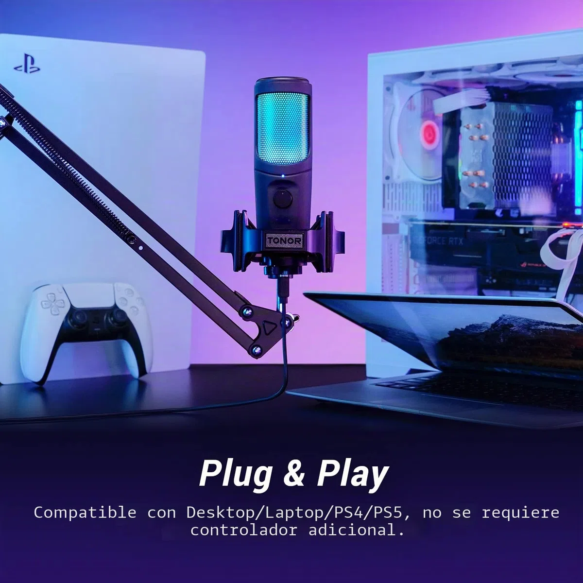 TONOR Micrófono USB RGB Gaming, para Streaming Micrófono de Condensador Cardioide, Micrófono de Estudio con Brazo Soporte TC40 RGB