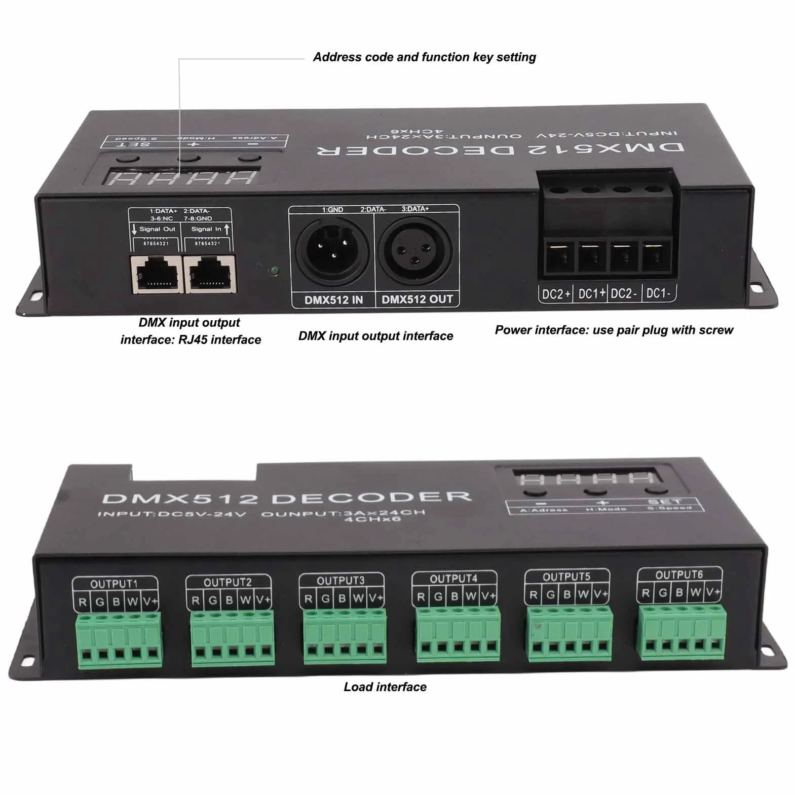 Fockety 24 canales DMX decodificador, RGBW DMX512 Controlador Led Decodificador Dimmer con pantalla digital, DC 5-24V de alta potencia sin parpadeos suave atenuación DMX Indicador de señal