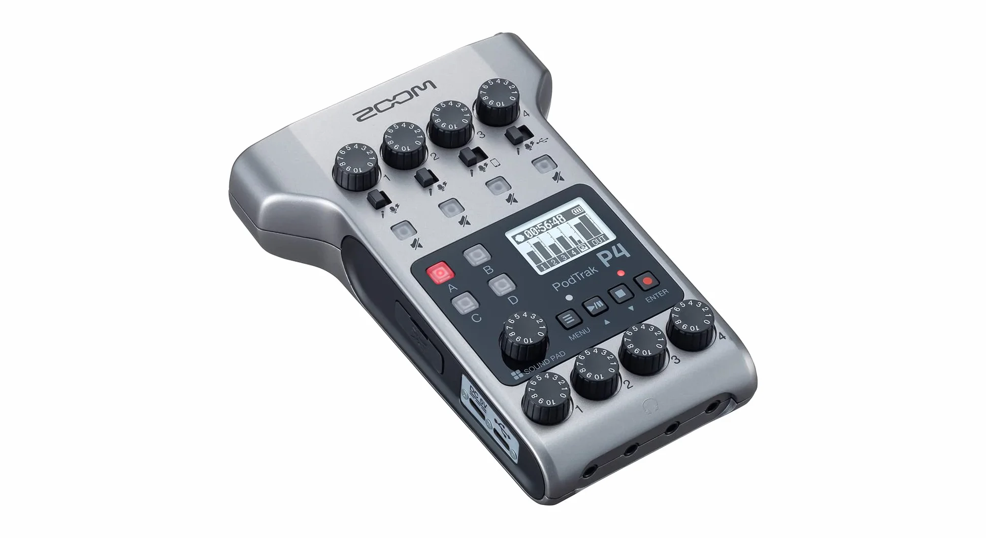 Zoom PodTrak P4 Grabador para Podcast, alimentado por pilas, 4 entradas de micro, 4 salidas de auriculares, entradas Phone y USB para entrevistas en remoto, Sound Pads, interface de audio 2-in/2-out