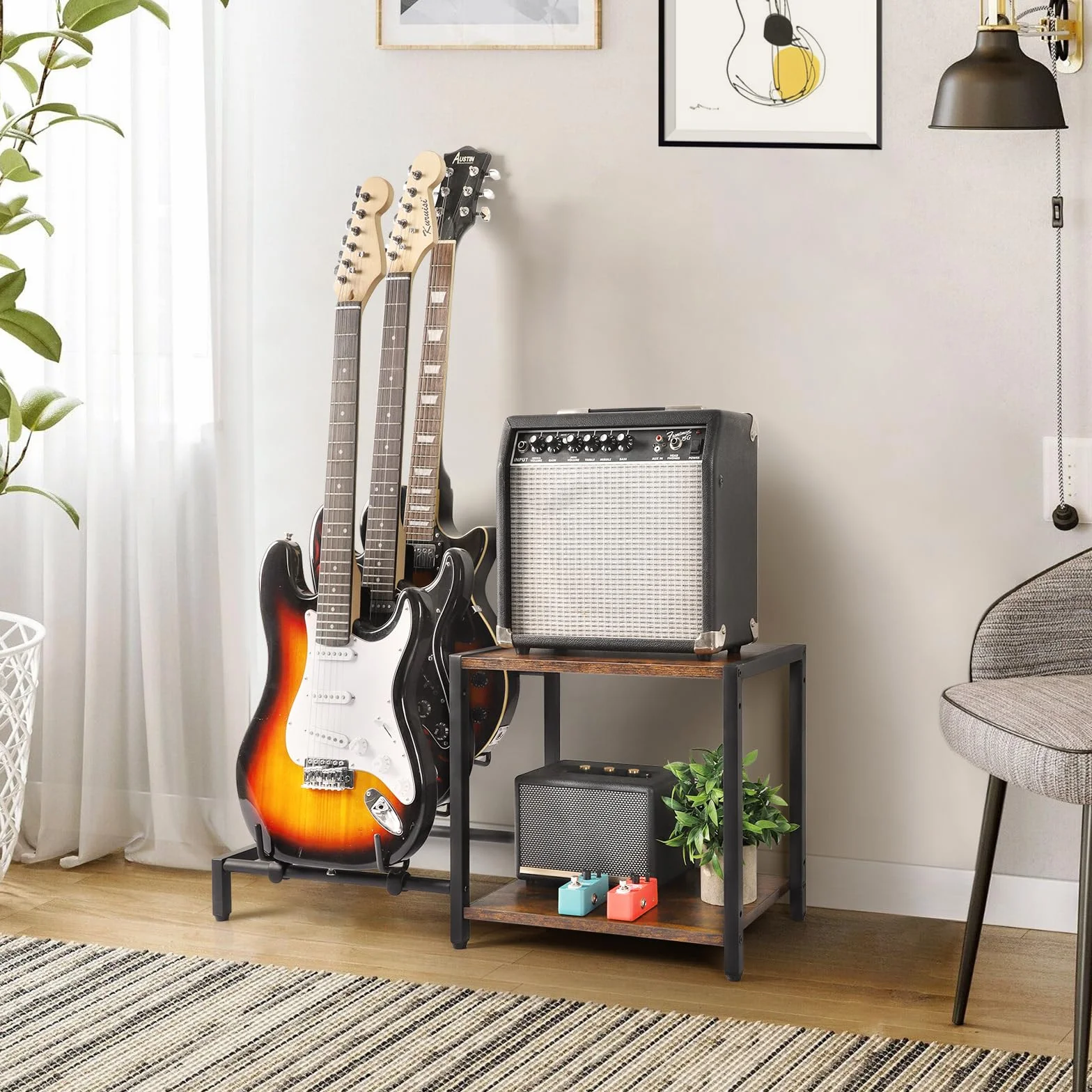 Soporte de Guitarra,Guitarra Bajo Eléctrico de 3 Soportes con Soporte de Amplificador de Guitarra, Soporte de Guitarra Ajustable, Estante de Guitarra para Múltiples Guitarras y Accesorios de Guitarra
