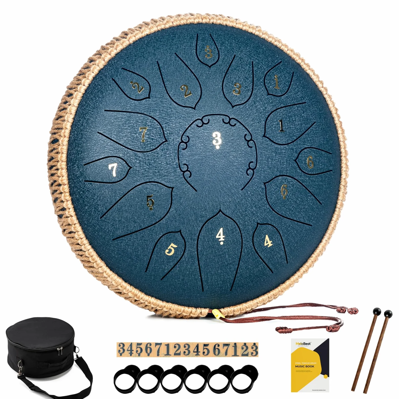 MeloBeat Tambor de Lengua Acero - 12 Pulgadas 15 Notas Tongue Drum Set Profesional de Handpan en Re Mayor Incluye Libro de Canciones, Clave D ((Azul Oscuro)