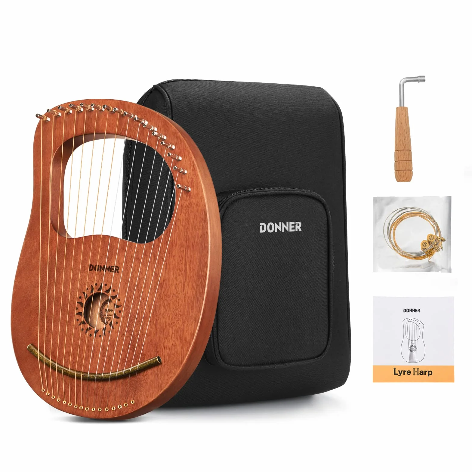 Donner Lyre Harp 16 Cuerdas Sillín de metal de caoba, estilo de la antigua Grecia con llave de afinación y bolsa negra, DLH-003