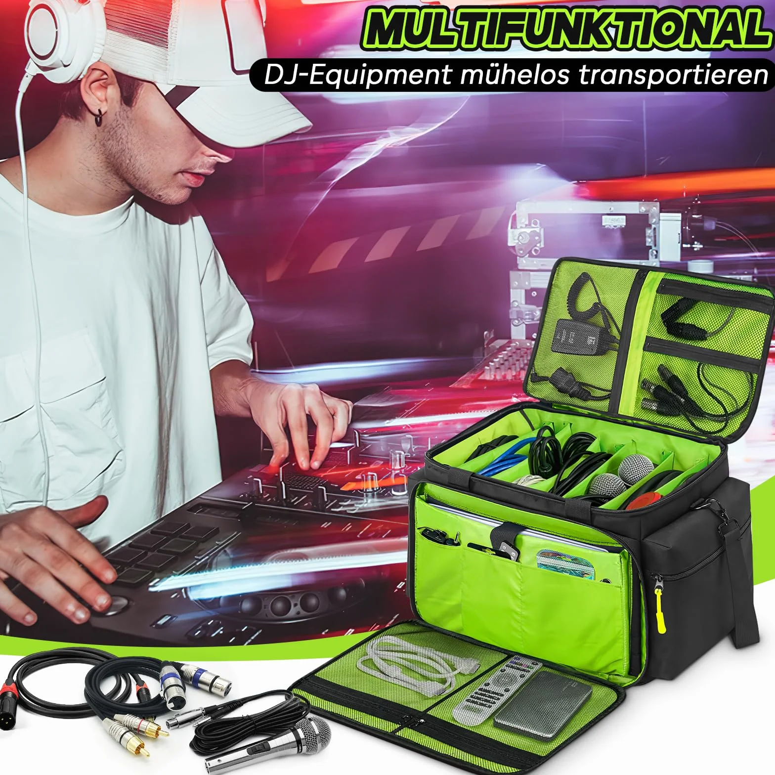 SUNDOY DJ - Bolsa organizadora de Cables con Base Acolchada extraíble y divisores, para Equipo de DJ, Cables de Audio y Accesorios de música, Negro, 45.7 x 31 x 35.6-cm, Tejido Impermeable