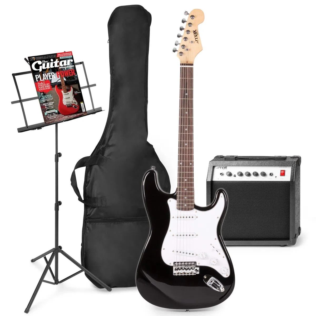 MAX GigKit Pack Guitarra eléctrica - Amplificador de guitarra de 40 vatios, guitarra eléctrica, atril, funda de guitarra, afinador, cable de instrumento, correa de guitarra y accesorios - Negro