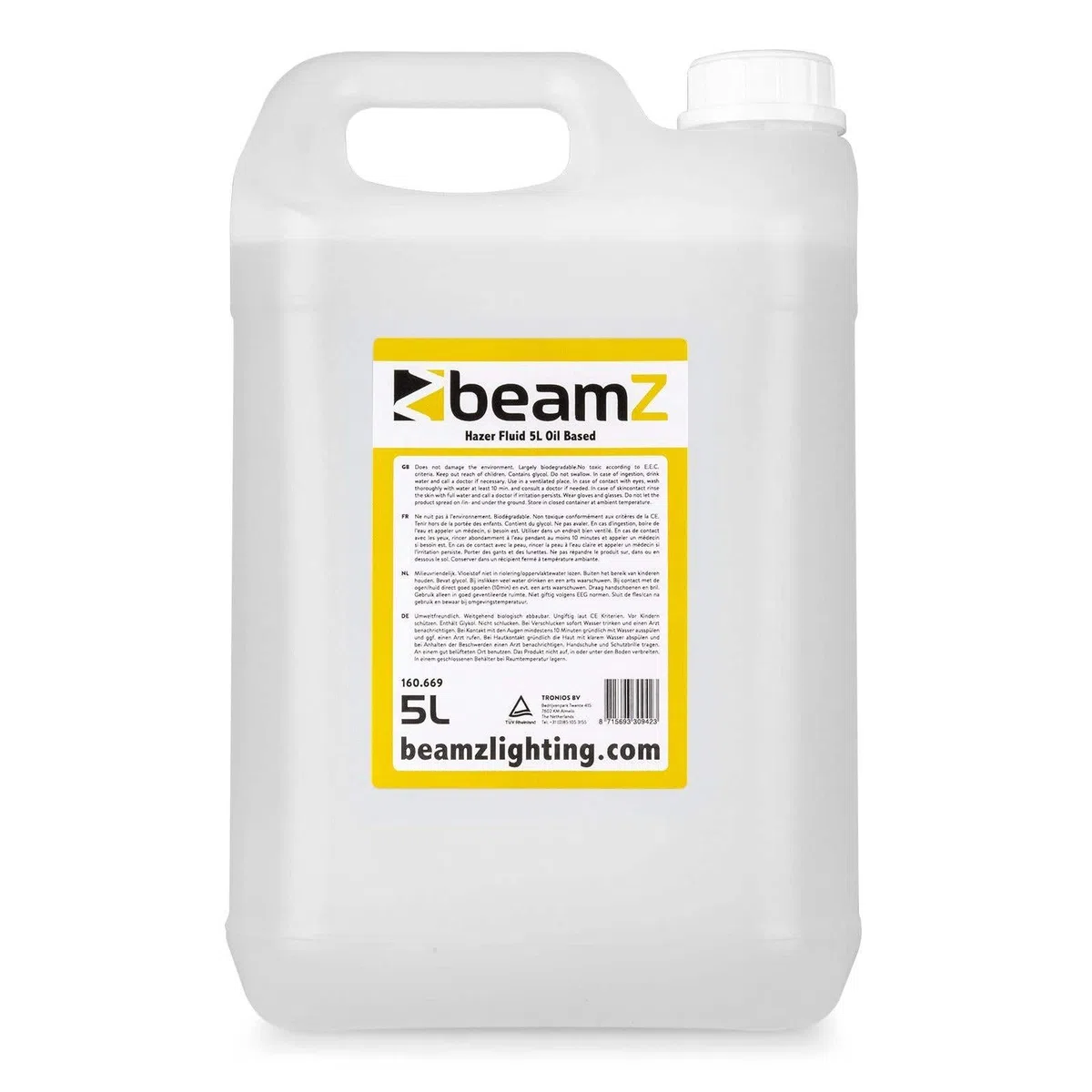 BeamZ FHF50 - Liquido de niebla, Haze Fog Machine Liquid 5L - Líquido a base de aceite, alto rendimiento, incoloro, inodoro y no inflamable, dispersión lenta, Made in EU