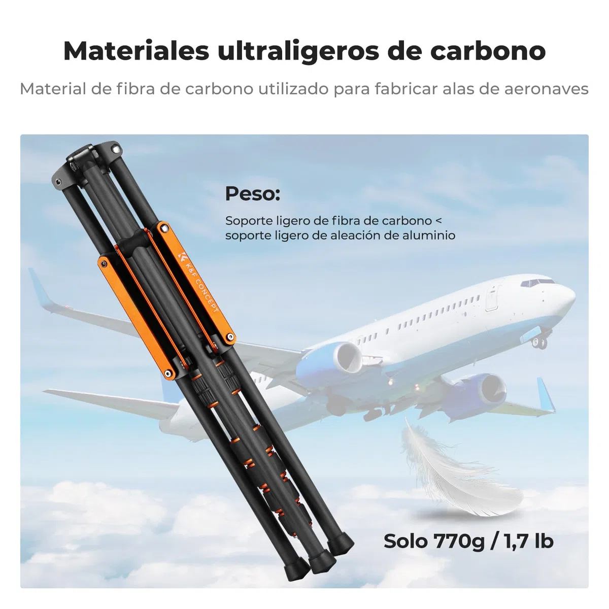 K&F CONCEPT Trípode de luz en Fibra de Carbono 200 cm, Plegable al revés, portátil, con Tornillo 1/4" - 3/8" y Bolsa de Transporte, para Flash, cámara, softbox
