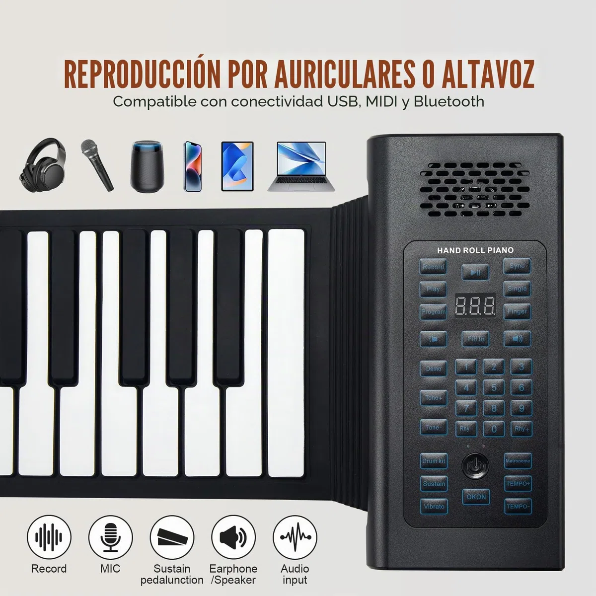 VEVOR Teclado Piano Enrollable 88 Teclas 128 Ritmos 128 Tonos Piano Digital Portátil Recargable con Altavoz 2W Pantalla LED 5 Puertos Función MIDI para Niños, Principiantes, Adultos, Negro