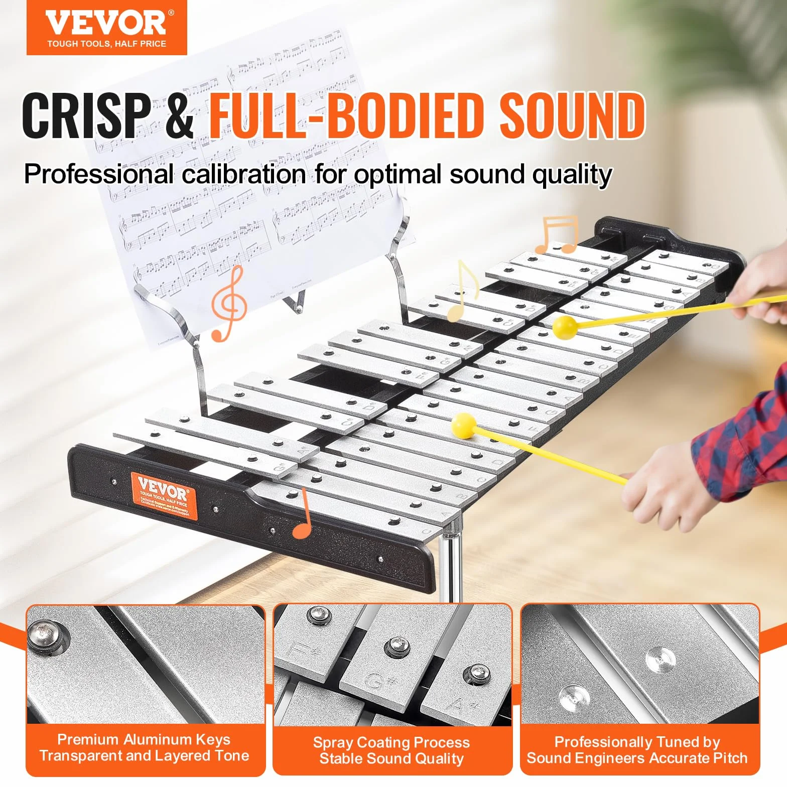 VEVOR Kit de Campana de Xilófono Glockenspiel de 30 Notas Instrumento de Percusión con Mazos, Baquetas, Atril, Almohadilla de Práctica, Soporte Ajustable y Bolsa de Transporte para Estudiante, Adulto