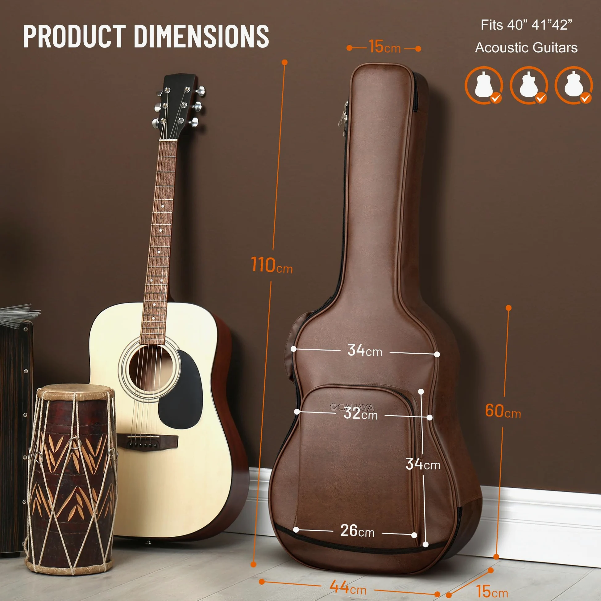 CAHAYA Bolsa para Guitarra Acústica - Adecuada para 40 41 42 Pulgadas Material de PU Impermeable y Transpirable Correa de Bolsa Marrón Acolchada de 15 Mm de Grosor Cremallera Doble