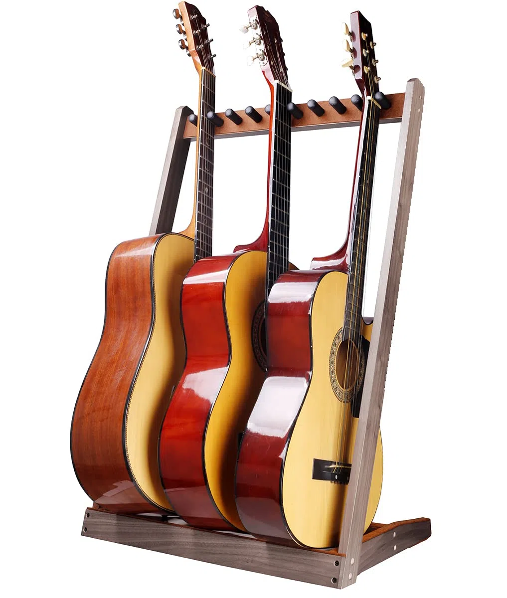 KingPoint Soporte de piso para guitarra, soporte de exhibición de guitarras de madera, soporte de guitarra multicabeza, organizador de colección de guitarra, con ranura para púas de guitarra