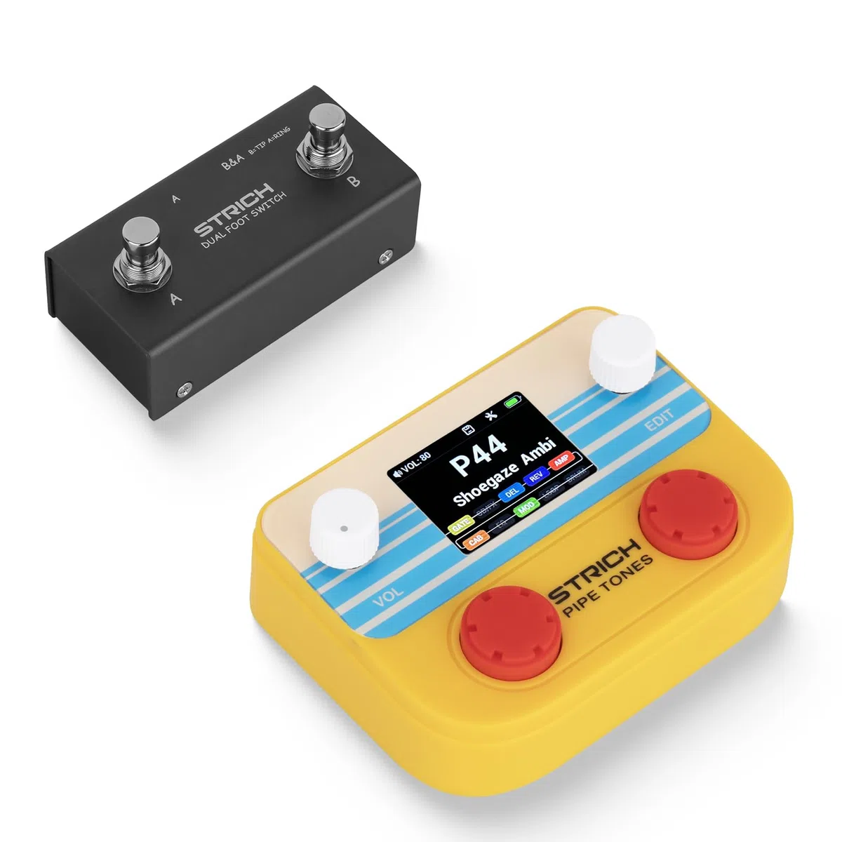 STRICH Pipe Tones Pocket Multi-Effects Processor para guitarra y bajo con pedal 10 módulos 125 efectos Looper 40s 100 ritmos batería Interfaz audio USB Control inalámbrico (Naranja)