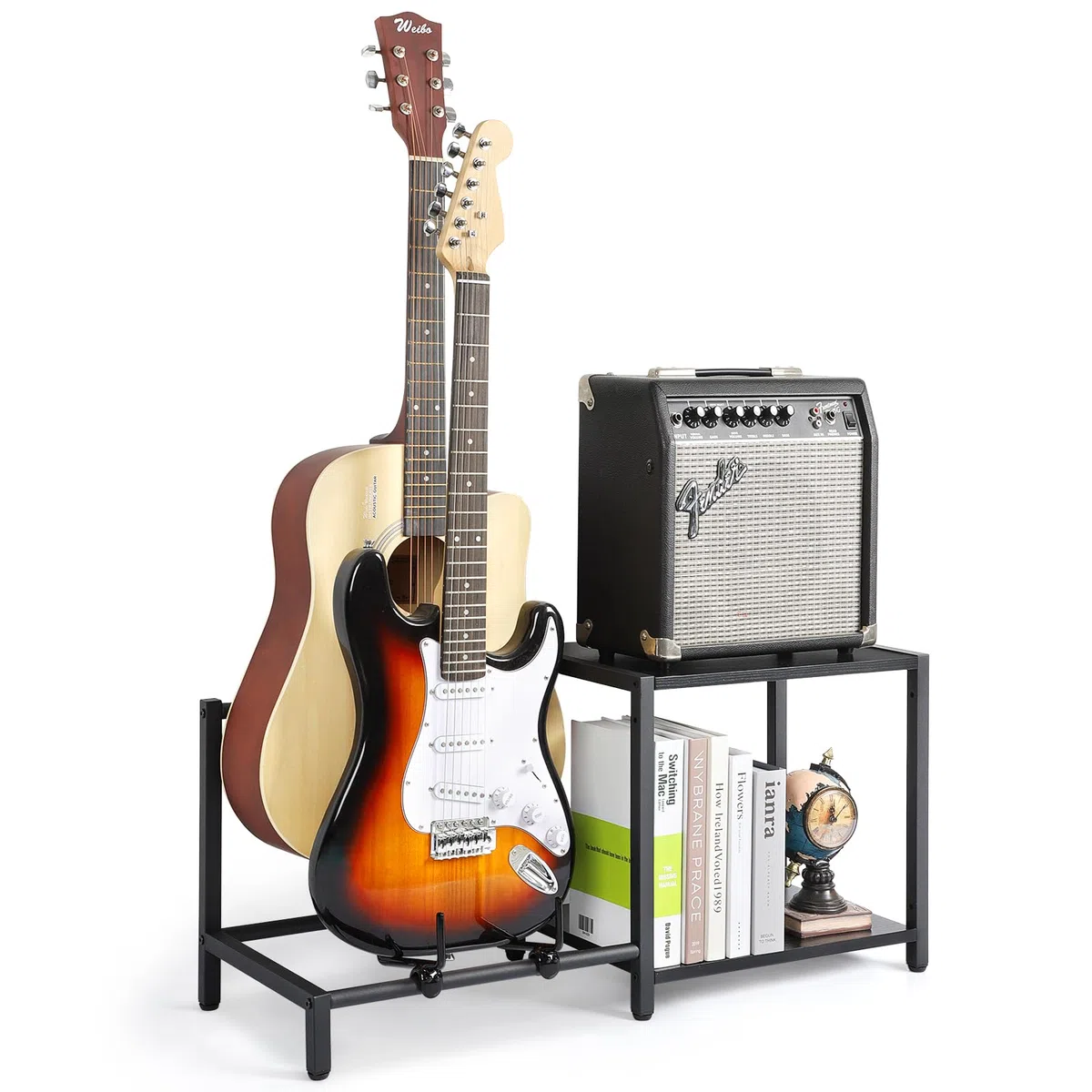 Bikoney Soporte para guitarra, soporte de guitarra de 2 niveles con soporte de amplificador de guitarra, soporte de guitarra para múltiples guitarras y accesorios de guitarra, soporte ajustable para