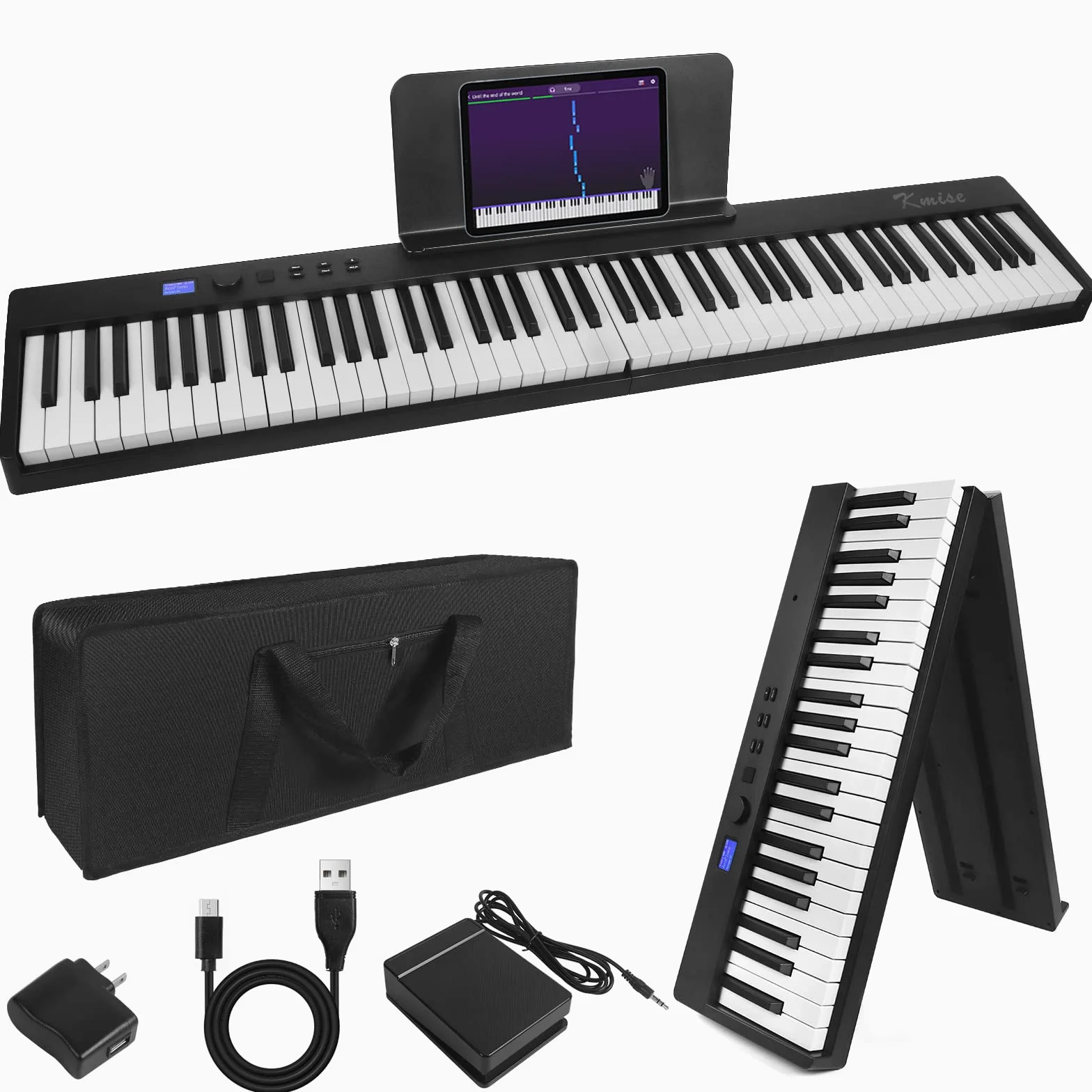 Teclado de piano plegable Kime, teclado eléctrico Piano 88 teclas Teclado plegable de piano digital semiponderado con pedal de sustain Bluetooth MIDI, cartera de música, bolsa de transporte