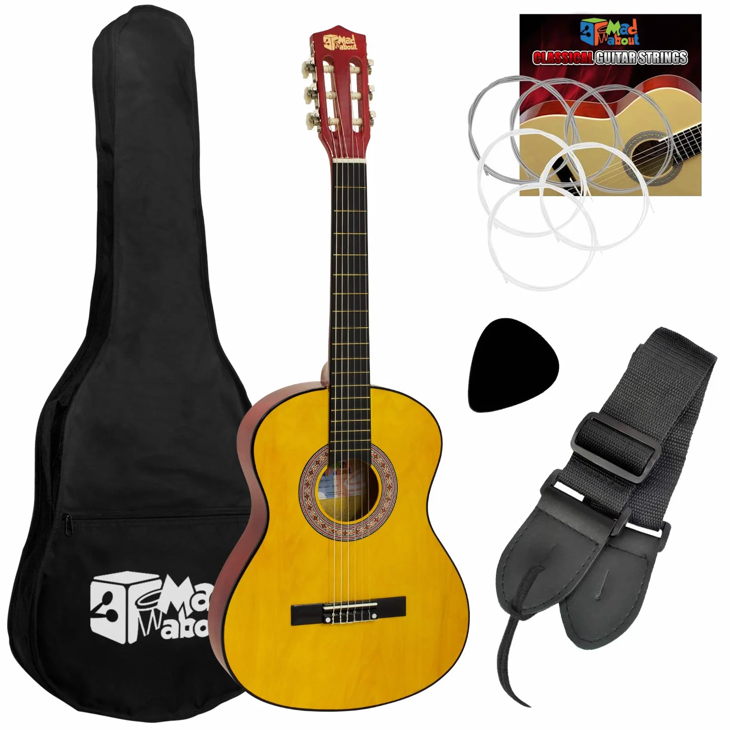 Mad About CLG1-LH-12 guitarra clásica 1/2 zurdos | Incluye bolsa, cuerdas, correa y púa, ideal para niños de 6 a 8 años y principiantes