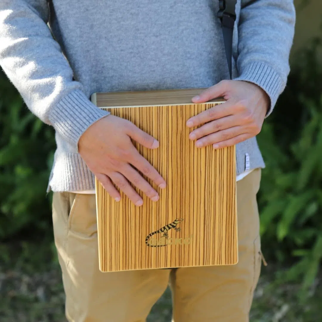 Cajón portátil con bolsa y correa, cajón de viaje ligero con cuerdas de guitarra, sonido resonante (9,4 x 22,9 x 29 cm, 1 kg, madera de cebra diseñada)