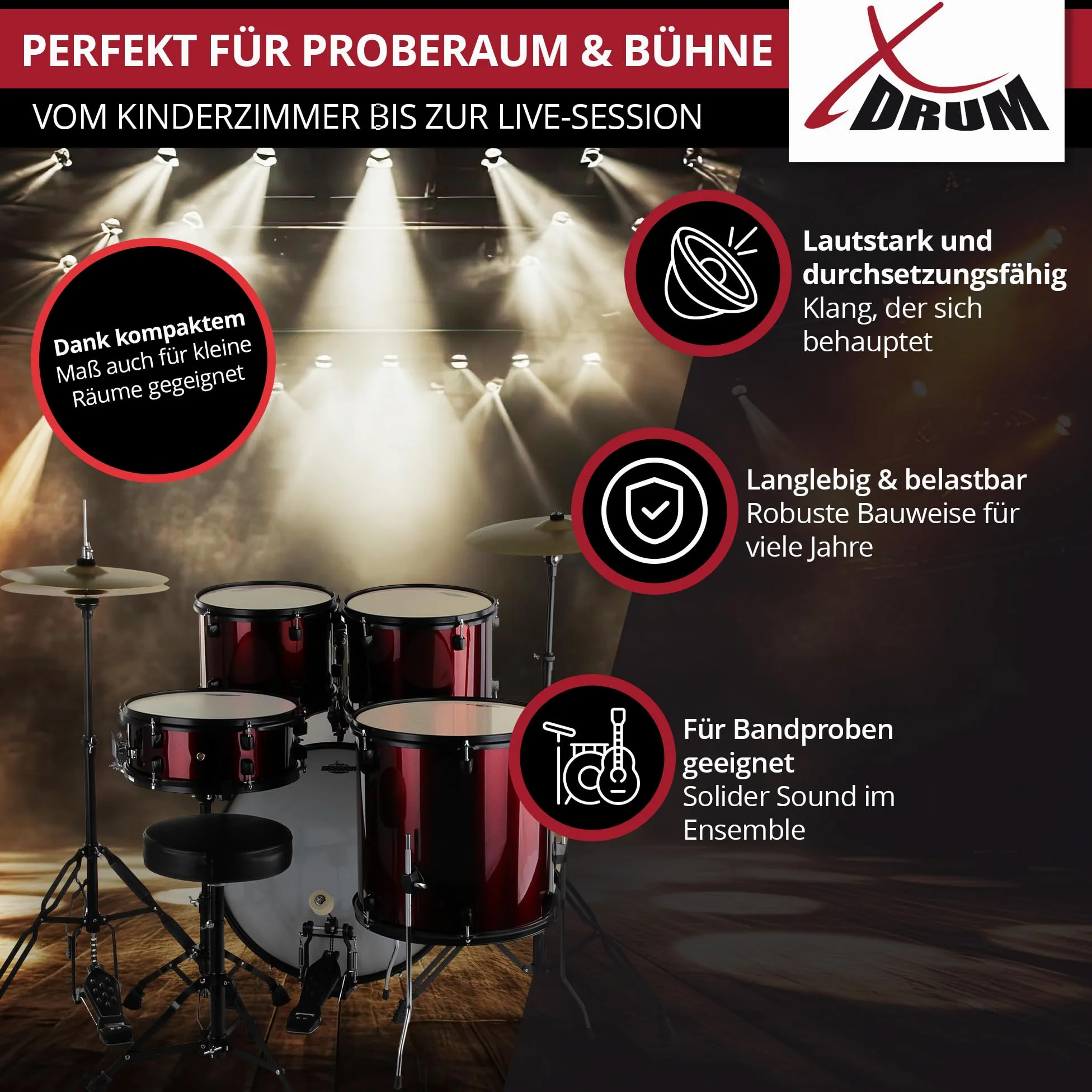 XDrum Rookie 22" Fusion Set Completo de Batería Ruby Red - Ideal para Principiantes - Hardware Estilizada en Negro - Incluye Baquetas, Manual de Montaje y Escuela de Batería - Rojo