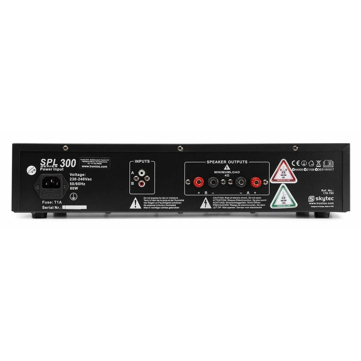 SkyTec SPL300 Amplificador de megafonía, etapa de potencia de 300 vatios, EQ de 3 bandas, entrada de 3 canales, RCA, AUX, ideal para pequeñas cabinas de DJ, discotecas, bares y restaurantes, negro