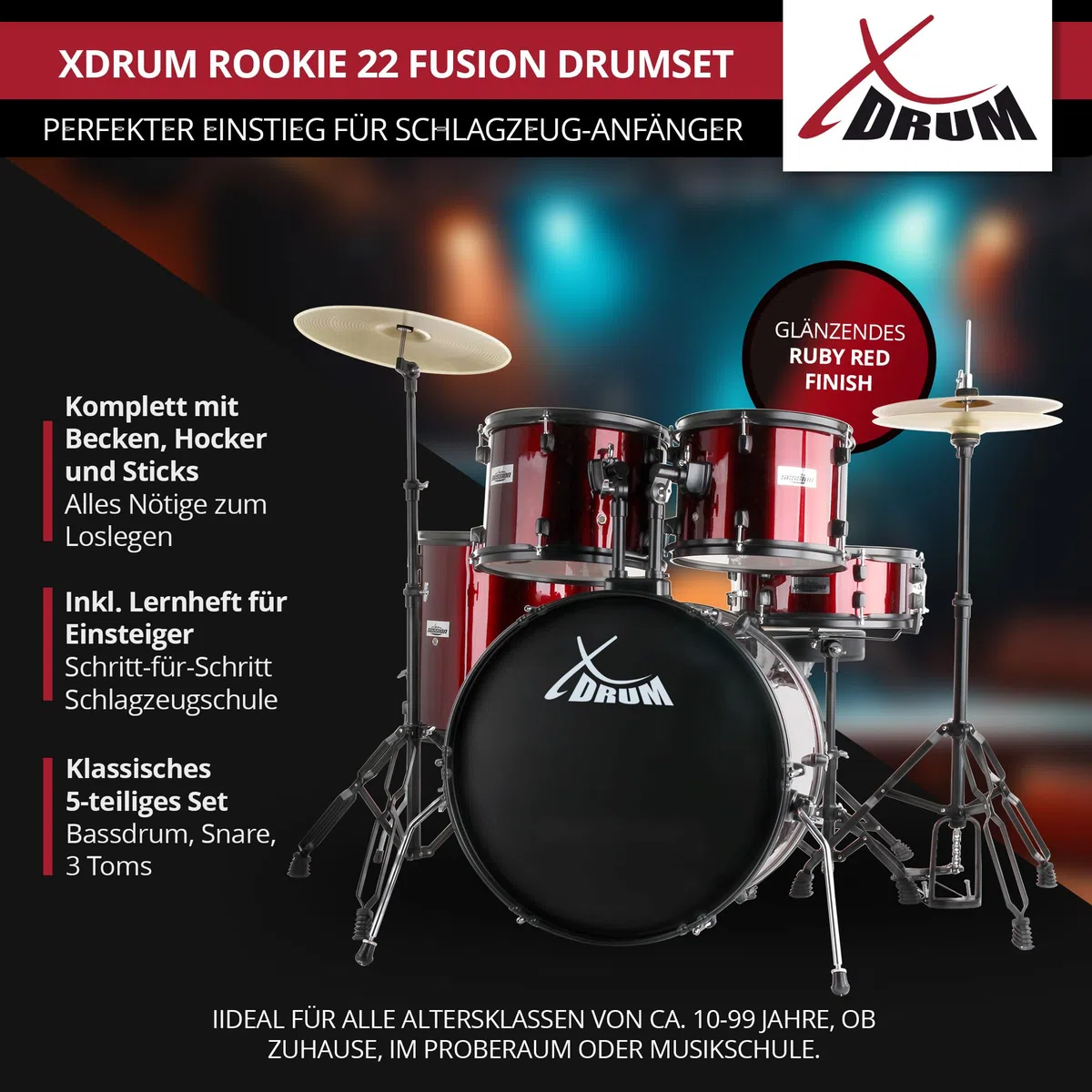 XDrum Rookie 22" Fusion Set Completo de Batería Ruby Red - Ideal para Principiantes - Hardware Estilizada en Negro - Incluye Baquetas, Manual de Montaje y Escuela de Batería - Rojo