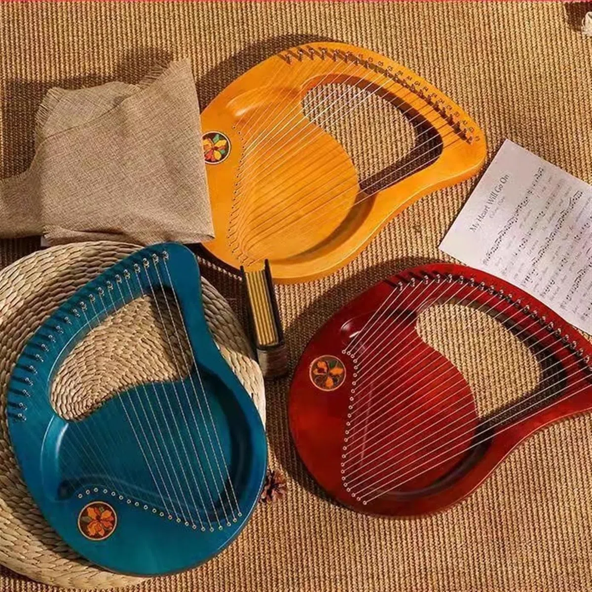 Arpa de regazo de 21 pulgadas y 24 cuerdas de metal, arpa de lira, viene con bolsa de almacenamiento, afinador y cuerda de repuesto, paño de limpieza, fácil de aprender, adecuada para principiantes