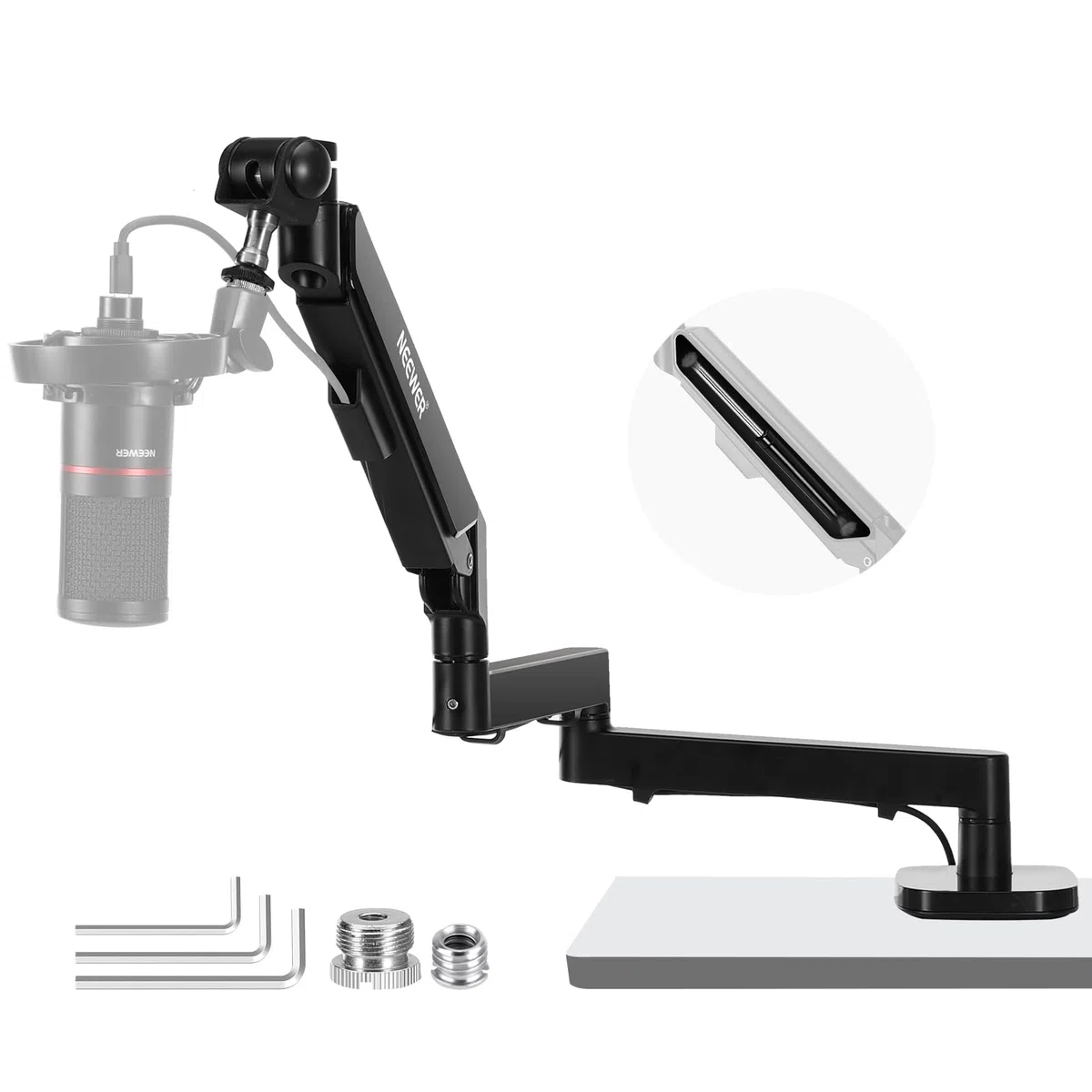 NEEWER Soporte de Escritorio con Brazo de Micrófono de Perfil Bajo, 360° Brazo Giratorio con Amortiguación Ajustable, Compatible con Shure MV7 SM7B Blue Yeti Micrófono Podcast Streaming Juegos, MS002