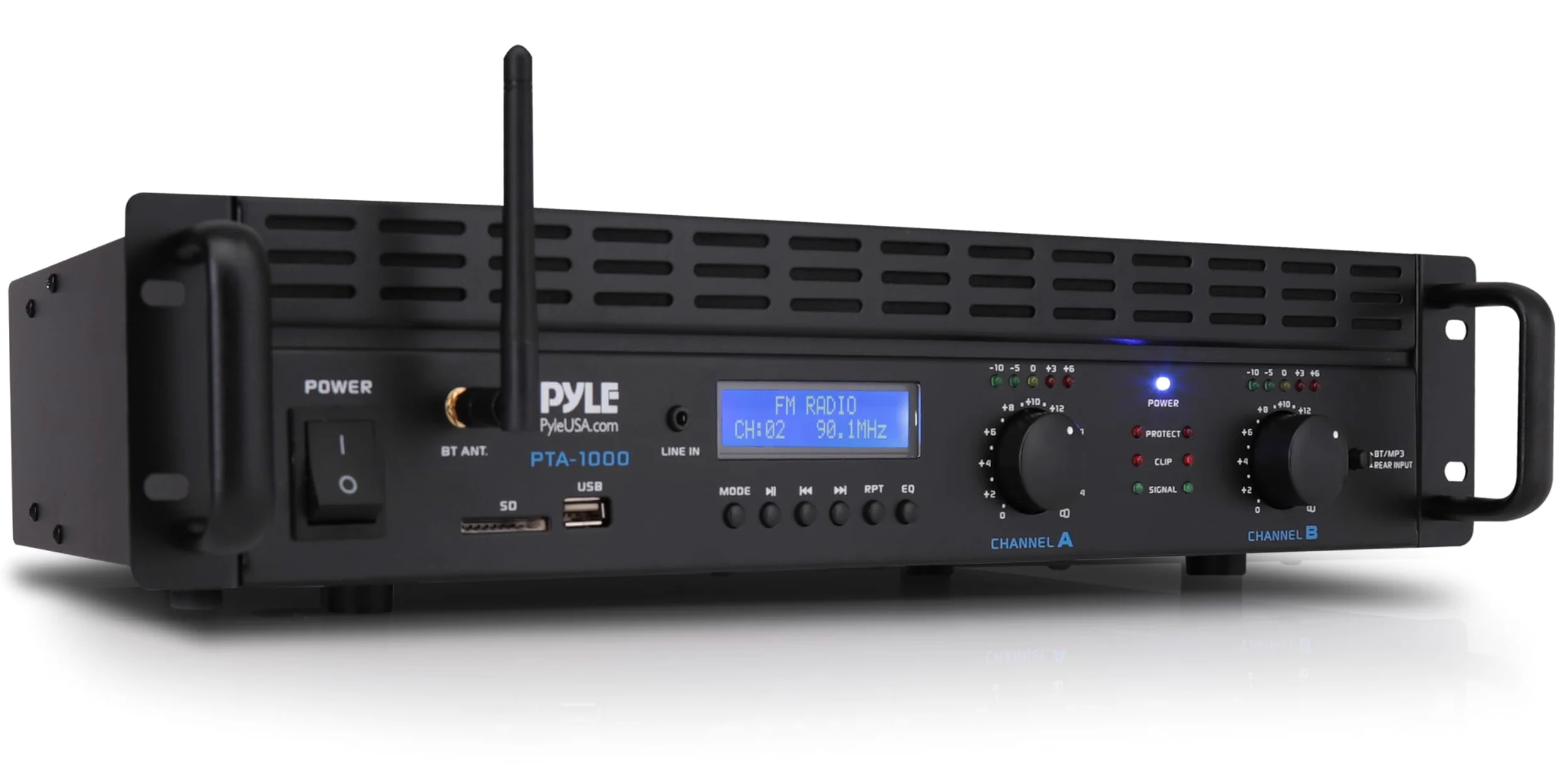 Pyle Amplificador de Potencia Bluetooth de 2 Canales, 2000 W, Montaje en Rack, Receptor estéreo inalámbrico de Audio Profesional con Entrada TRS XLR, LCD, Modo Puente, Ventilador de refrigeración