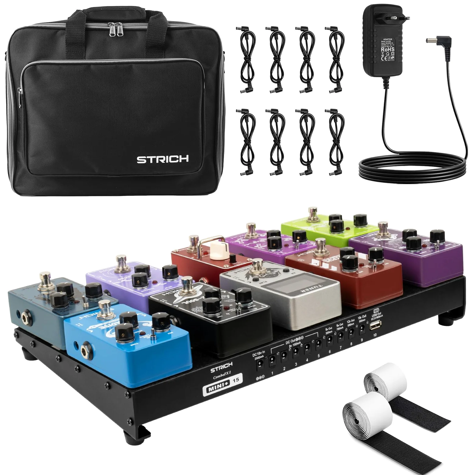 STRICH Tabla de Pedales de Guitarra con Fuente de Alimentación Integrada, Tabla de Pedales 15 x 7.8" Aleación de Aluminio Ligera, Tabla de Pedales con Cables de Pedal, Bolsa, Tiras de Velcro PB-MP15