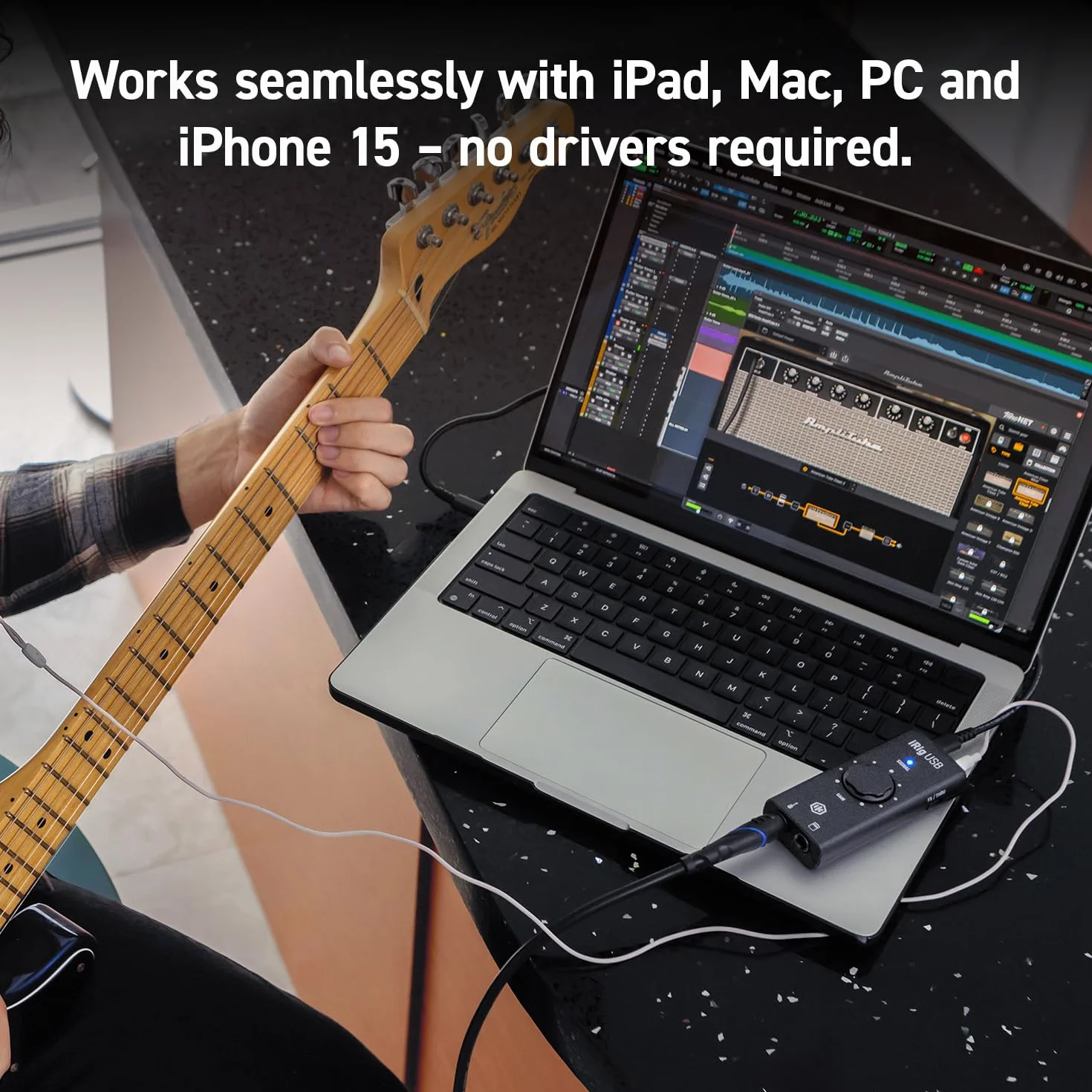 IK Multimedia iRig - Interfaz USB de audio para guitarra, equipo de estudio de grabación de música de 24 bits y 48 kHz, incluye cable USB C para iPad, Mac y PC, accesorios de guitarra, dispositivo de
