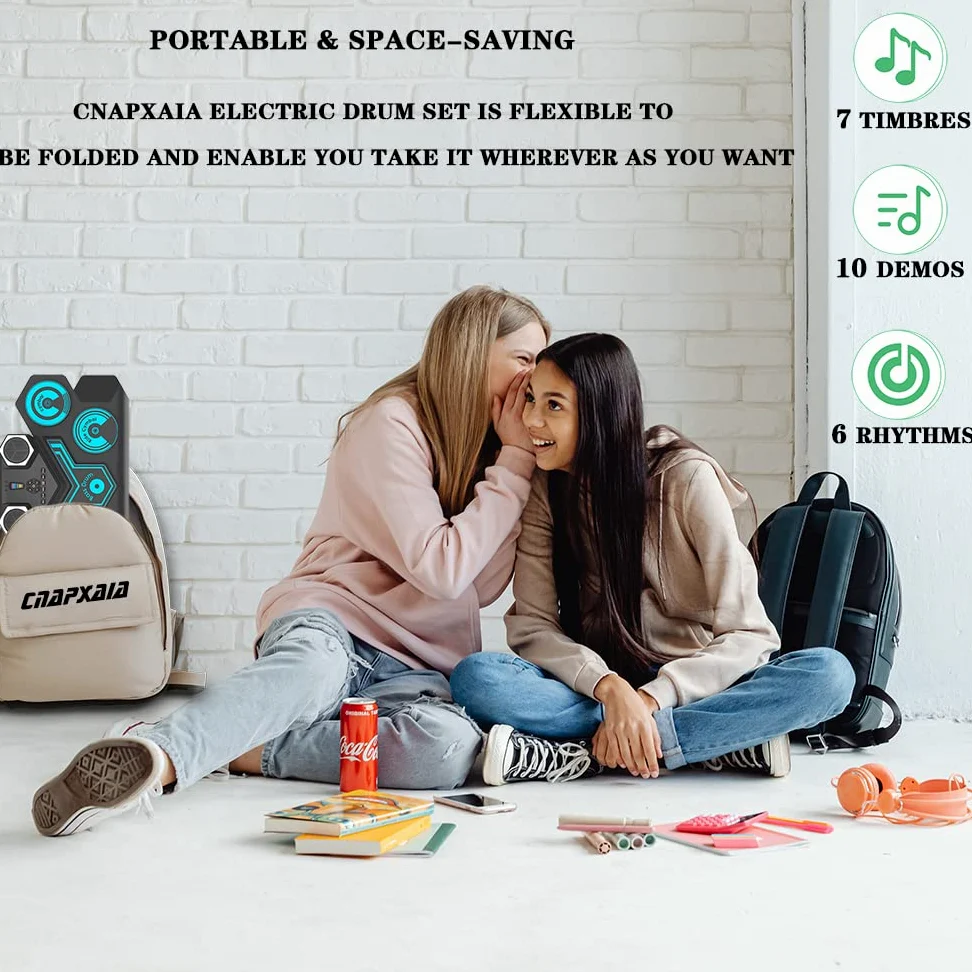 Batería Electrónica Portátil - CNAPXAIA Bateria Niños con Altavoces Estéreo Incorporados, Set de Batería Eléctrica de Silicona de 9 Pads para Niños Adultos Principiantes