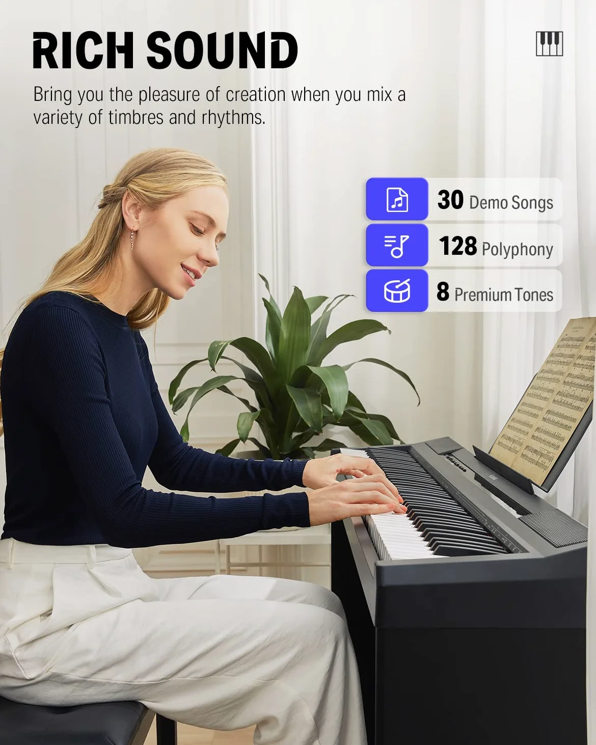 Donner Piano Eléctrico Digital 88 Teclas, Mitad Contrapesadas Teclas, Teclado Musical Adecuado para Principiantes con Soporte de Piano Desmontable y Pedal Triple, DEP-10S, Retro, Negro