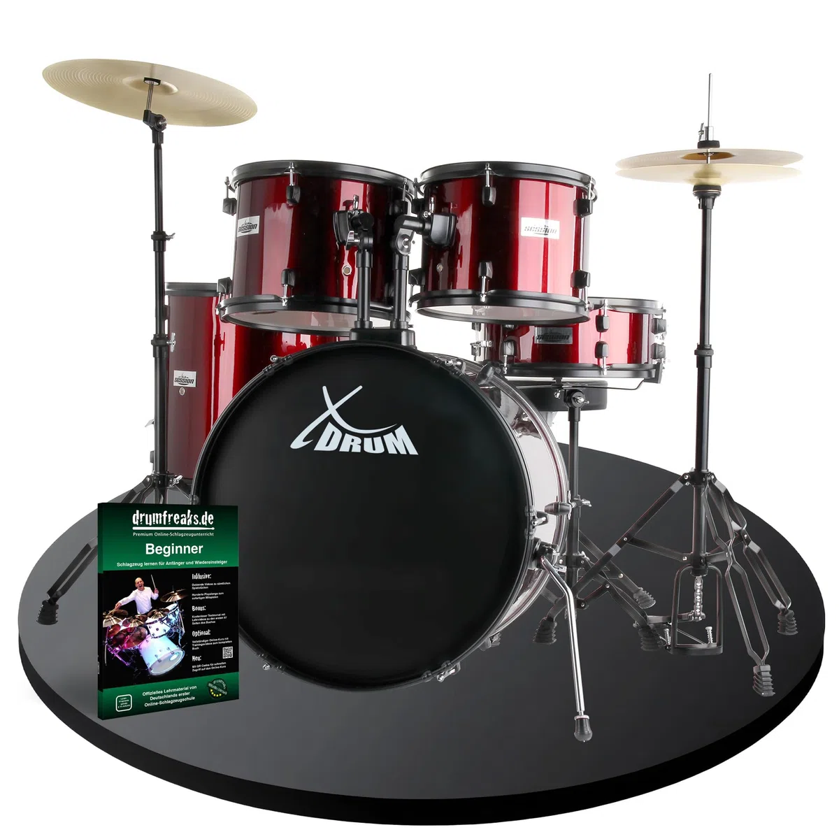 XDrum Rookie 22" Fusion Set Completo de Batería Ruby Red - Ideal para Principiantes - Hardware Estilizada en Negro - Incluye Baquetas, Manual de Montaje y Escuela de Batería - Rojo