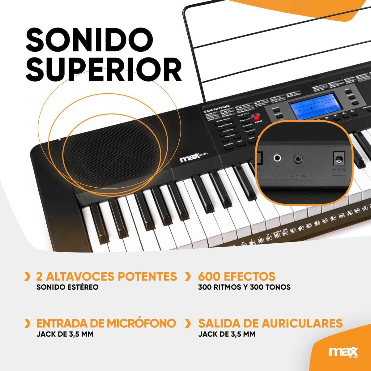 MAX Rhapsody61 - Piano eléctrico de 61 teclas para principiantes con función de aprendizaje, 300 sonidos, altavoces integrados, pantalla LCD, 50 canciones de demo, auriculares y soporte de teclado