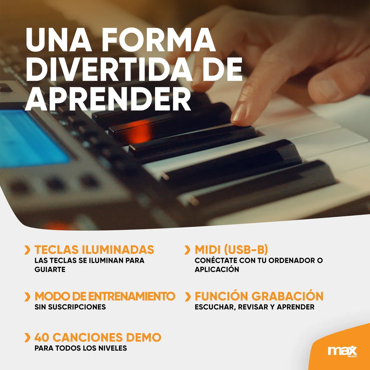 MAX Rhapsody61L Piano electrónico 61 teclas iluminadas - 600 sonidos y ritmos, pantalla LCD, función de aprendizaje, altavoces, MIDI, toma de auriculares - Perfecto para principiantes y profesionales