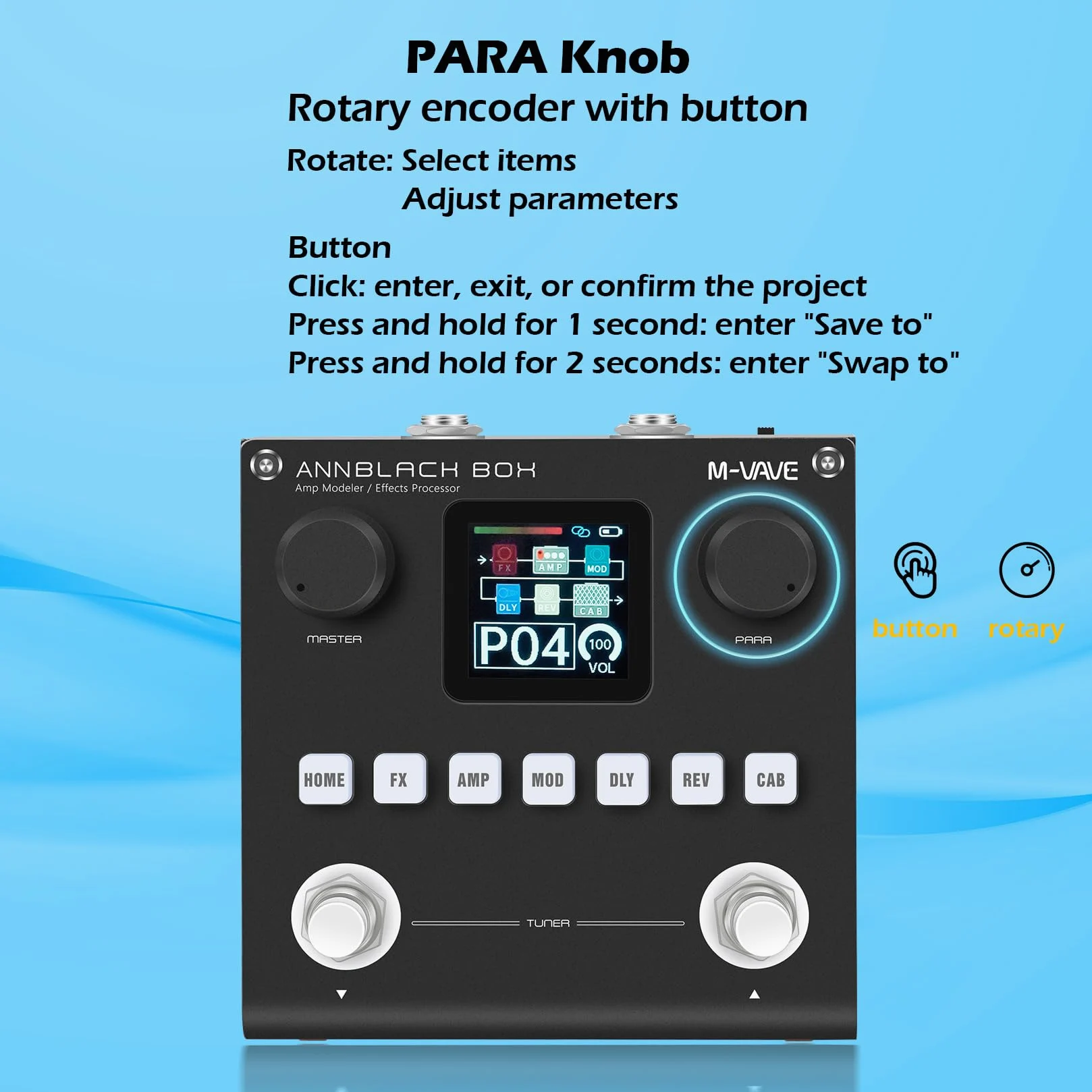 M-VAVE ANN Caja de Pedal Negra Multiefectos para Guitarra - 80 Presets Editables Con APP Crea Tus Parámetros Batería Integrada