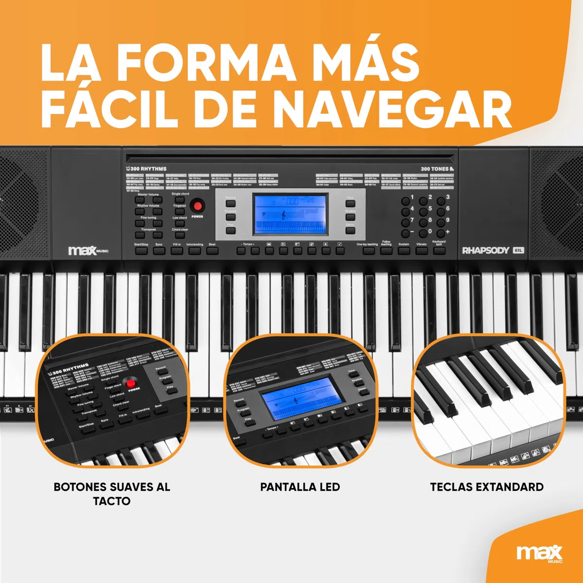 MAX Rhapsody61L Piano electrónico 61 teclas iluminadas - 600 sonidos y ritmos, pantalla LCD, función de aprendizaje, altavoces, MIDI, toma de auriculares - Perfecto para principiantes y profesionales
