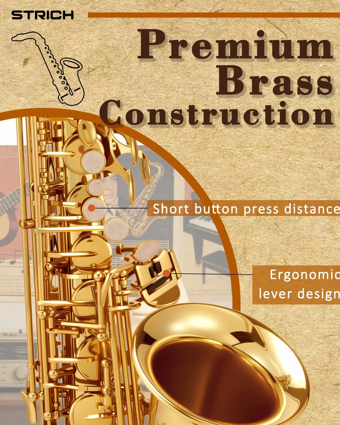 STRICH Kit de saxofón alto en Mi bemol para estudiantes principiantes, con correa para el cuello, boquilla y lengüetas, ideal para la banda del colegio y para practicar en casa, SSA-31G, dorado