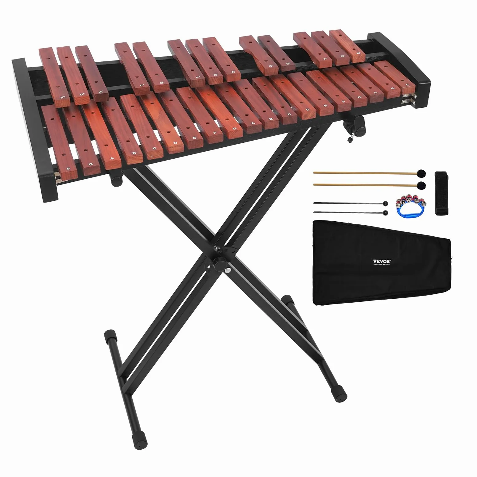 VEVOR Xilófono Glockenspiel 32 Notas, Instrumento de Percusión Profesional de Madera, con Soporte de Altura Ajustable 320–950 mm, 4 Mazos y Bolsa de Transporte, para Principiantes, Amplio Rango