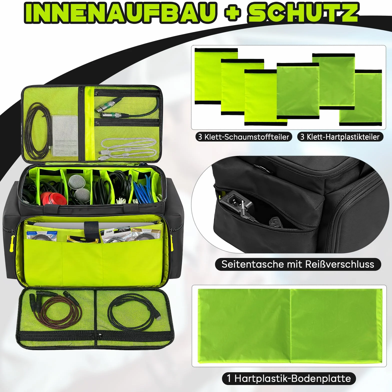 SUNDOY DJ - Bolsa organizadora de Cables con Base Acolchada extraíble y divisores, para Equipo de DJ, Cables de Audio y Accesorios de música, Negro, 45.7 x 31 x 35.6-cm, Tejido Impermeable