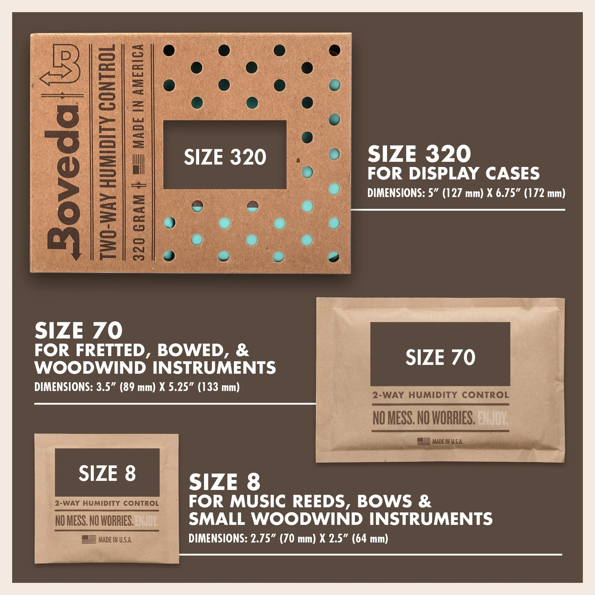 Boveda para instrumentos musicales - Bolsitas | Control doble de la humedad - 49 % HR - Recambio para funda de tejido | Tamaño 70 para instrumentos de cuerda pulsada y frotada | Evita el agrietamiento y combado | Pack de 12 en expositor de cartón