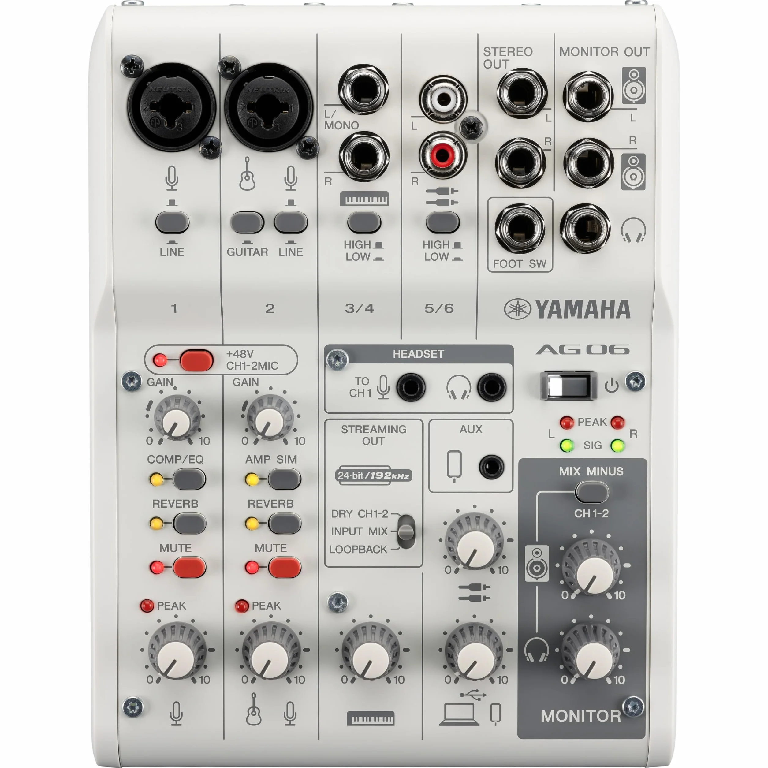 Yamaha AG06MK2 Mezclador de Transmisión en Vivo de 6 Canales con Interfaz de Audio USB, para Windows, Mac, iOS y Android, en Blanco