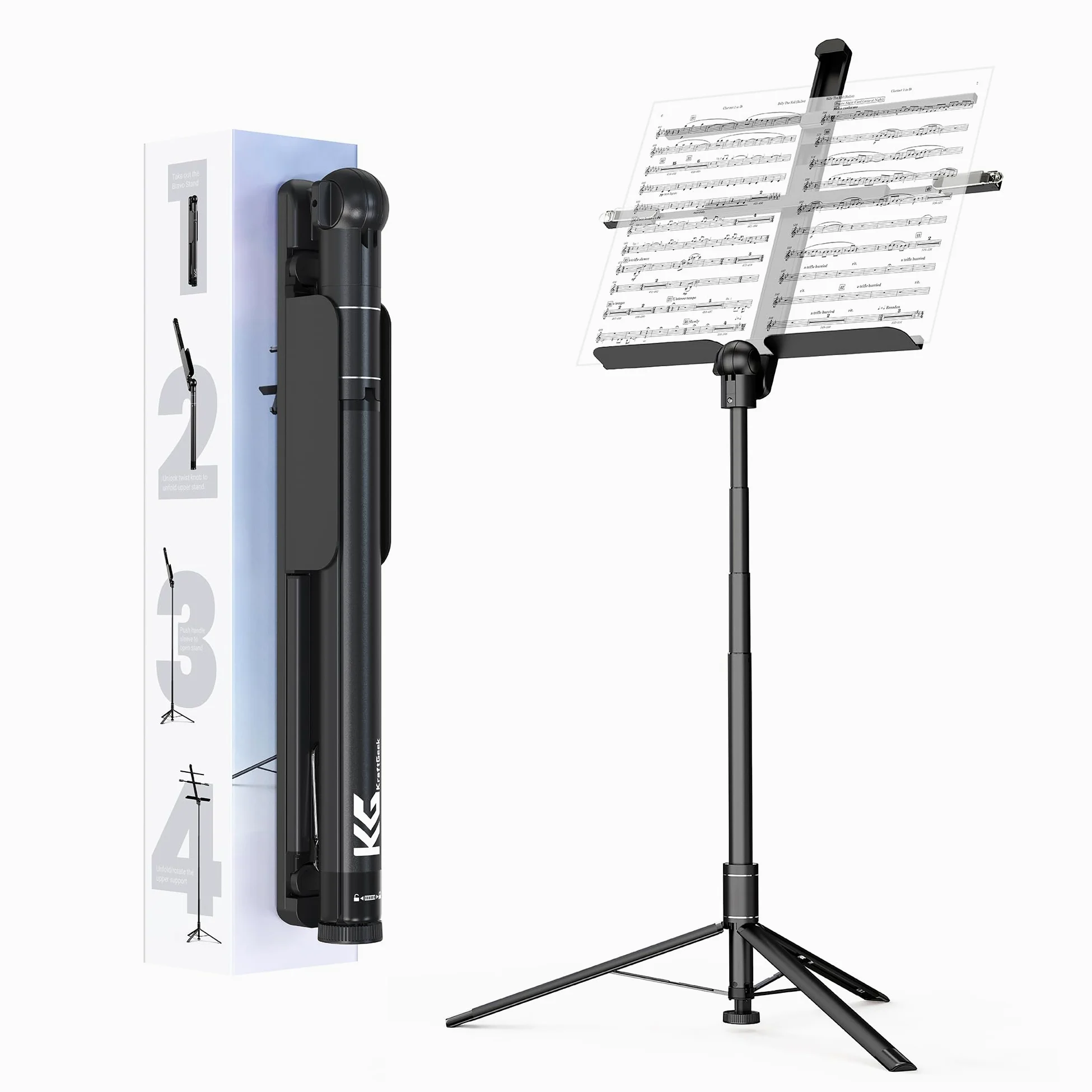 KraftGeek Atril Musica para Partituras, Atril Portátil y Plegable para Músicos e Instrumentistas, Bandeja de Música Ajustable con Clips para Sujetar Páginas, No Requiere Ensamblaje, Negro