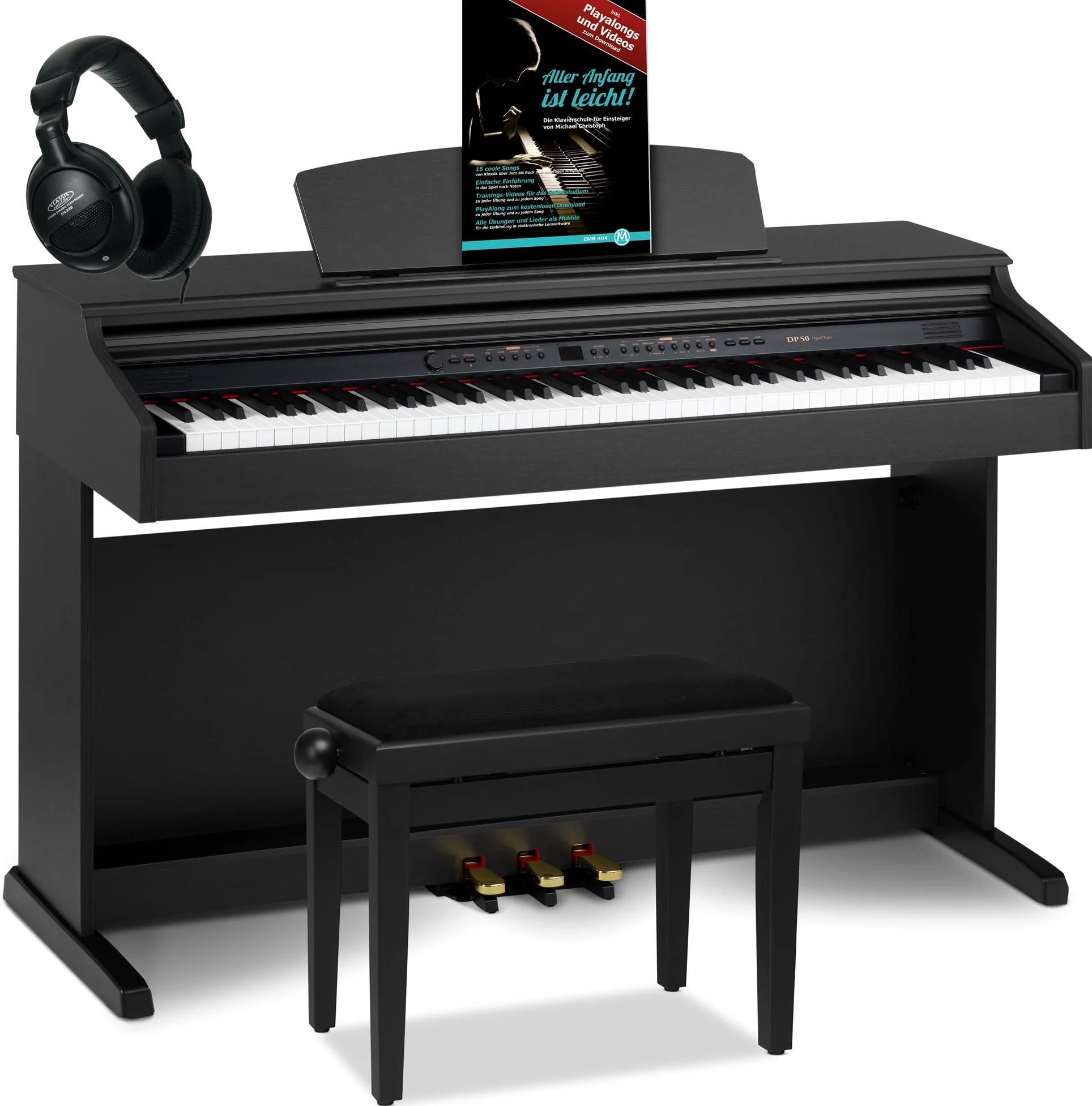 Classic Cantabile DP-50 Piano digital 88 teclas con mecanica martillo - Teclado electronico USB, 32 polifonía y funcion Twin-Piano - Organo musical para ninos - Set con banqueta y auriculares - Negro