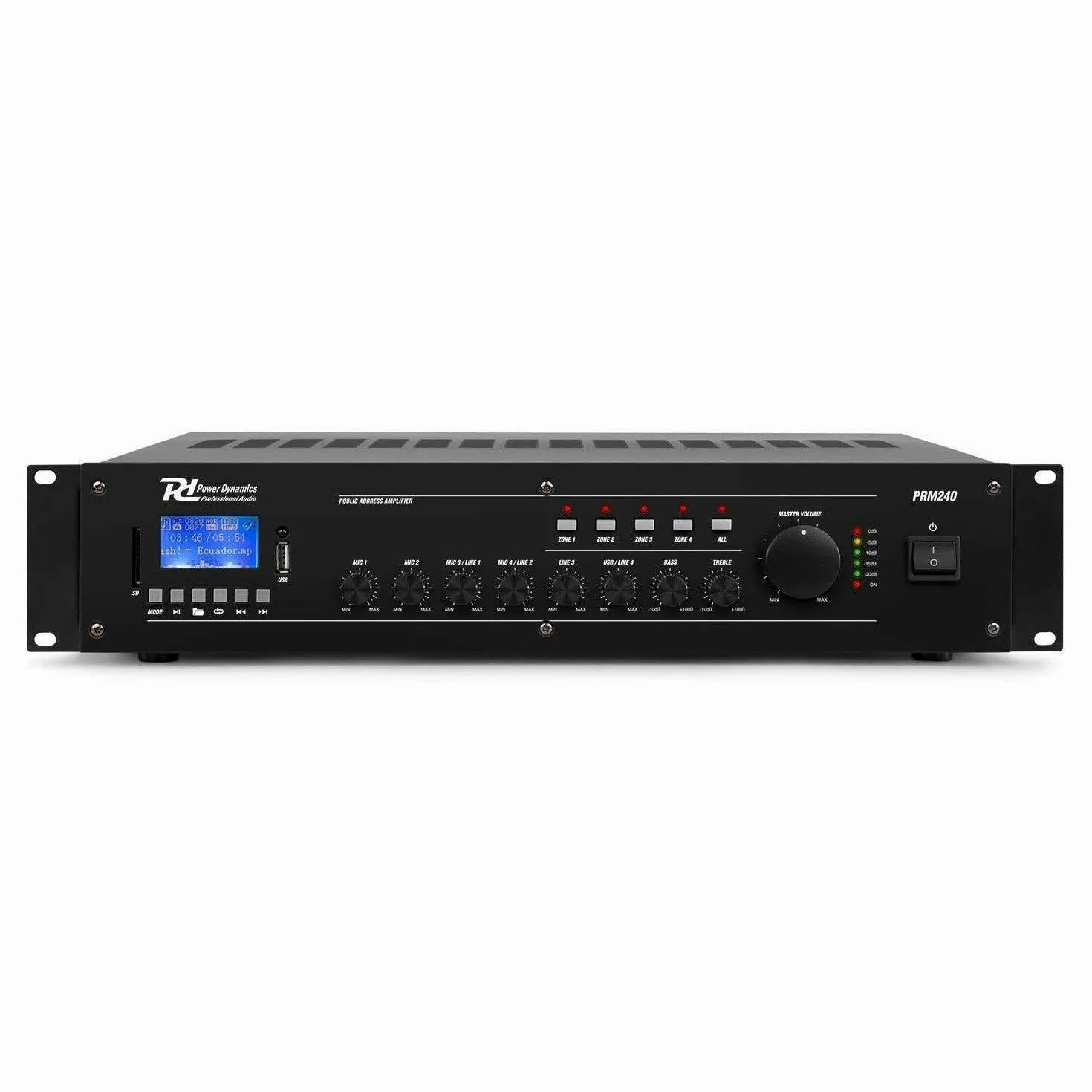 POWER DYNAMICS PRM240 Mezclador Amplificador 100V / 8 Ohmios 6 Canales 4-Zonas 240W, Bluetooth, MP3 USB, EQ, Formato Rack (100v / 240W)