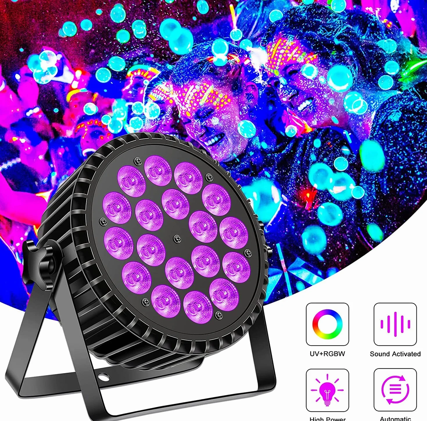 Proyector par LED UV 200W 18 LED luce de escena proyector discoteca luz fiesta, 8CH RGB DMX estroboscópico sonido modo activo iluminación del escenario DJ para show bar fiesta halloween