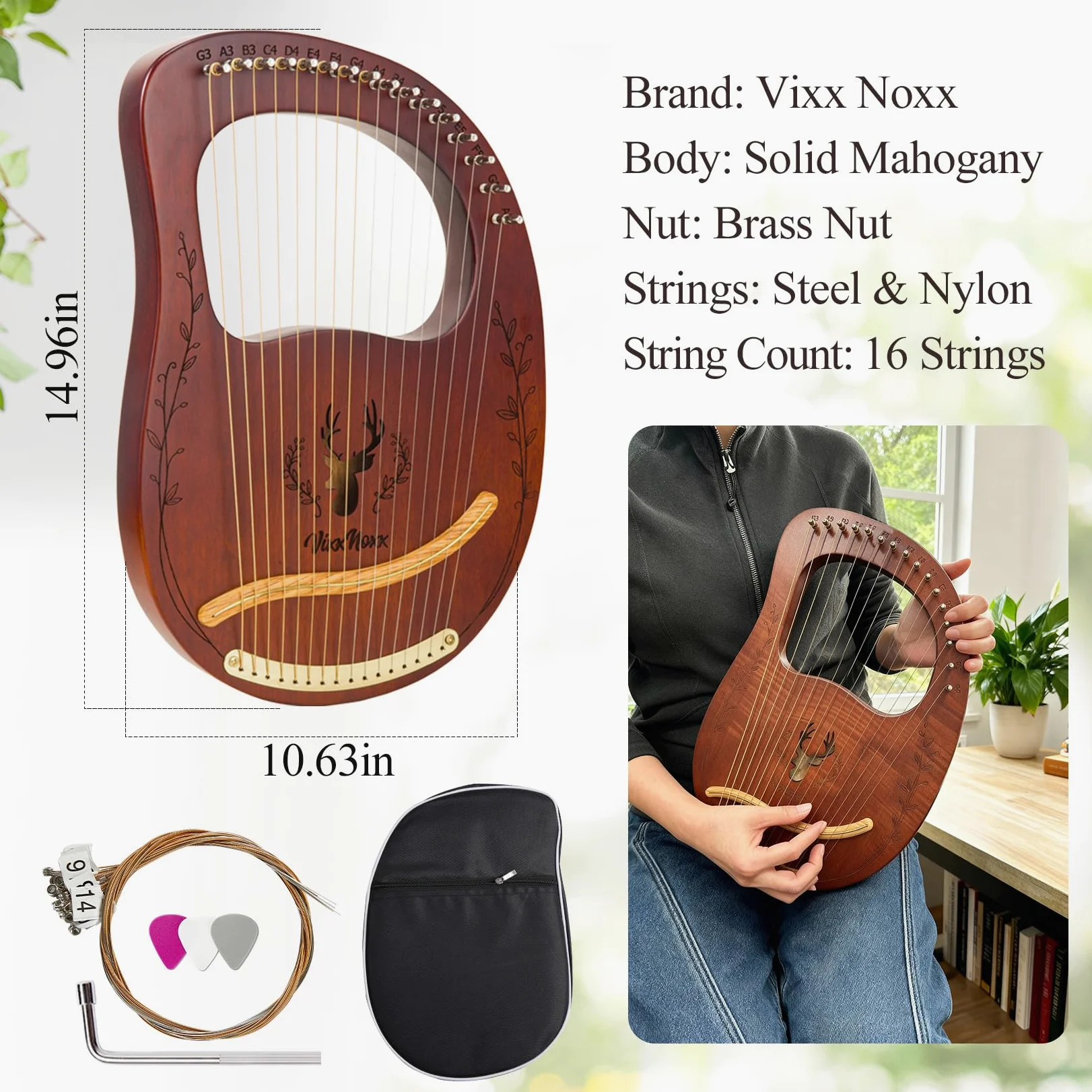 Arpa de lira, 16 cuerdas de metal de caoba, arpa de lyra, instrumentos musicales de cuerda con llave de afinación, juego de cuerdas de repuesto, libro manual