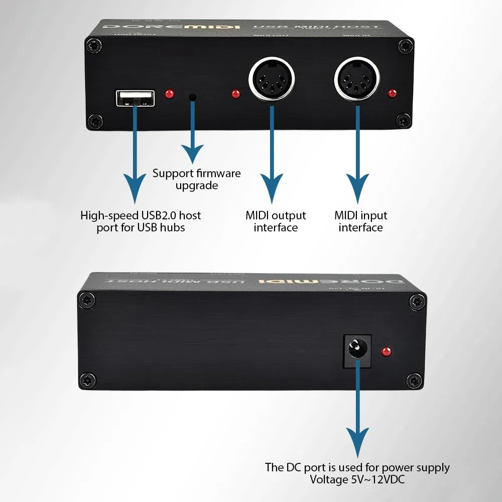 HUIOP Caja de Host USB Midi de Alta Velocidad Caja Midi de 16 Canales 1 Entrada 1 Salida Aplicable a Teclado Midi Tubo de soplado eléctrico Tambor eléctrico Convertidor USB a Midi Interfaz Midi