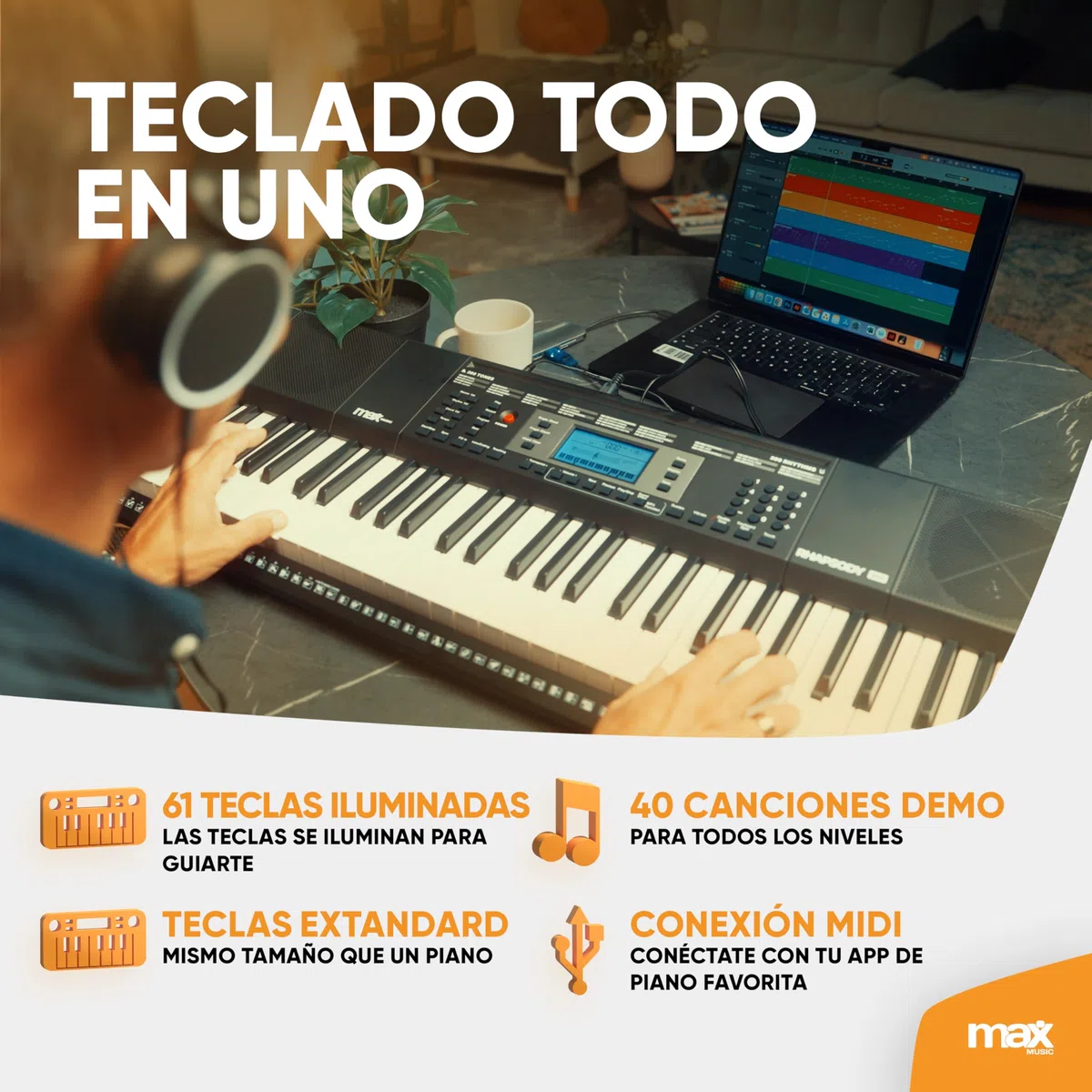 MAX Rhapsody61L Piano electrónico 61 teclas iluminadas - 600 sonidos y ritmos, pantalla LCD, función de aprendizaje, altavoces, MIDI, toma de auriculares - Perfecto para principiantes y profesionales